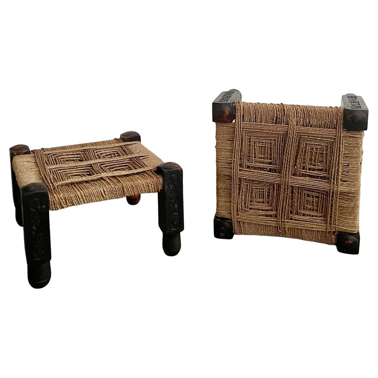 French Carved Wood & Rope Ottoman For Sale