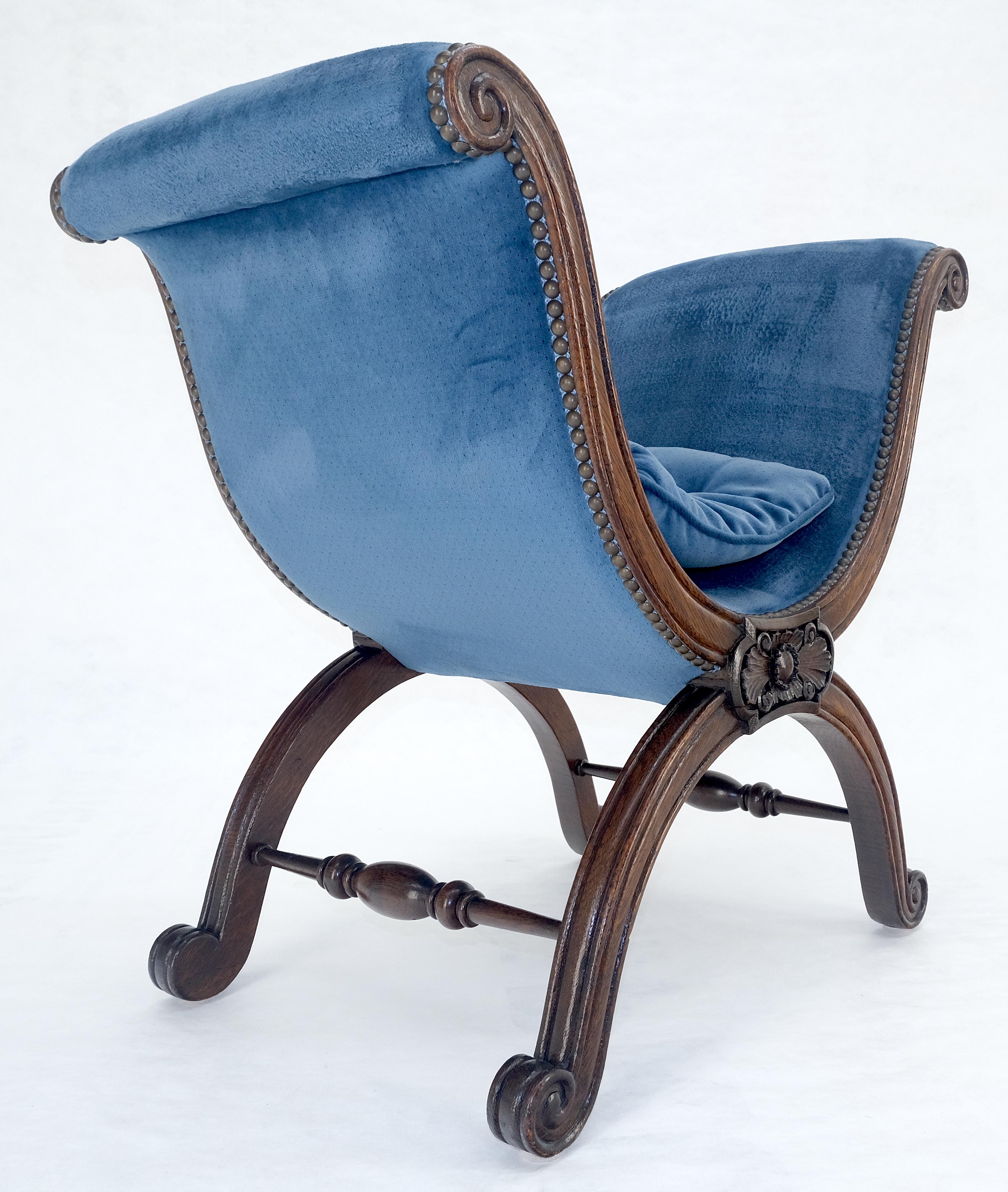 French Carved Wood Scissor Shape Blue Velvet Upholstery Bench For Sale 5