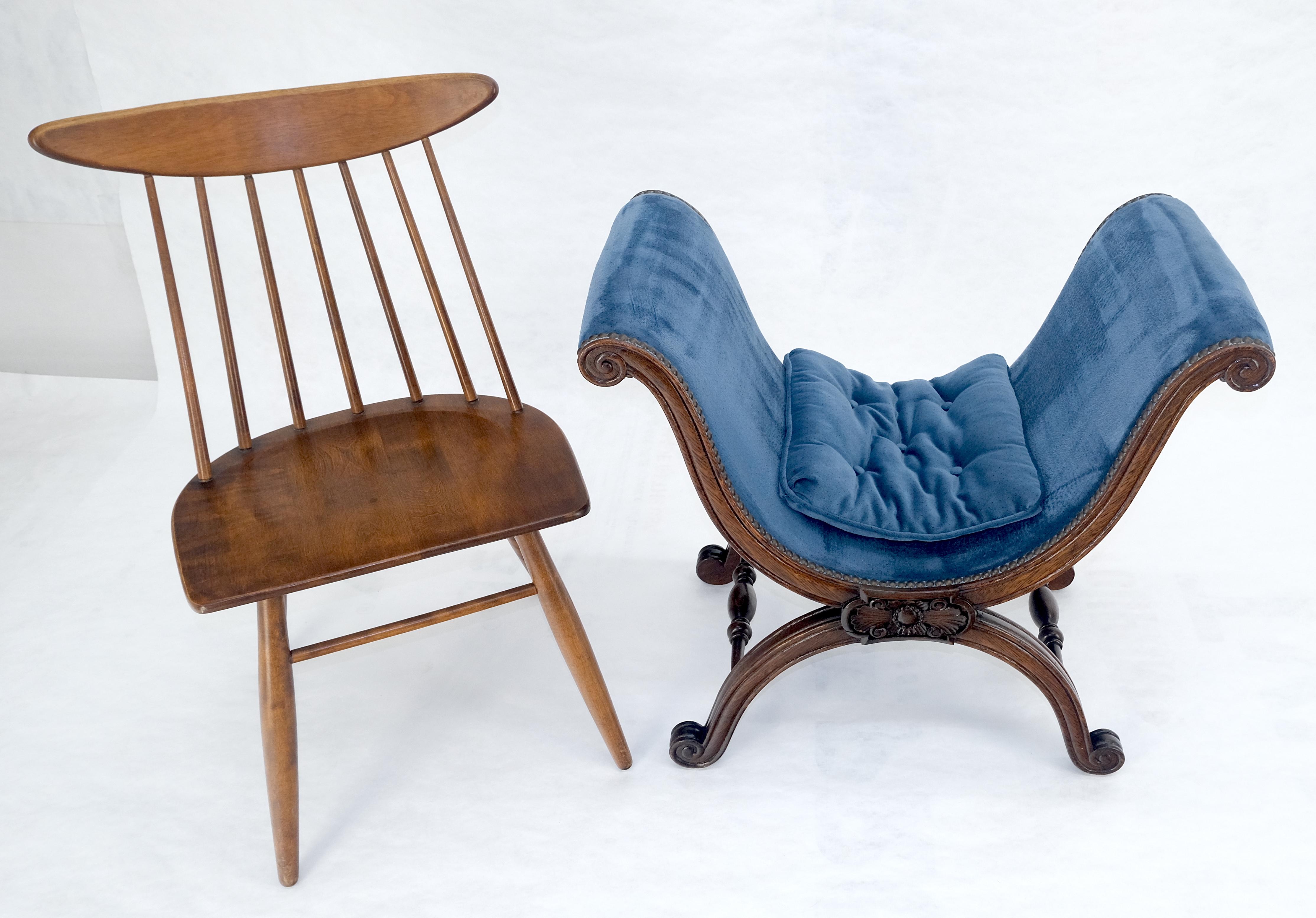 French Carved Wood Scissor Shape Blue Velvet Upholstery Bench For Sale 6