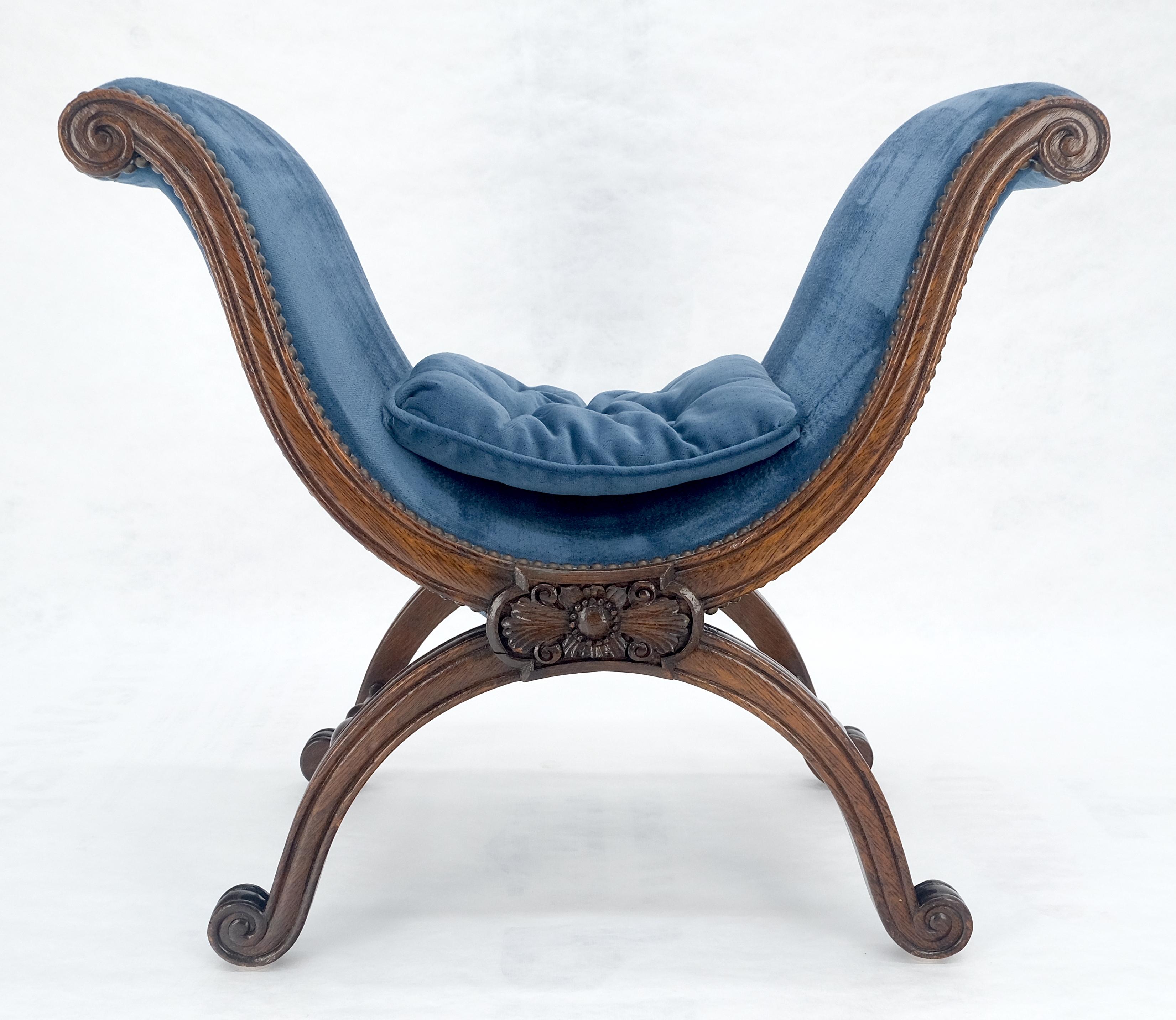 American French Carved Wood Scissor Shape Blue Velvet Upholstery Bench For Sale