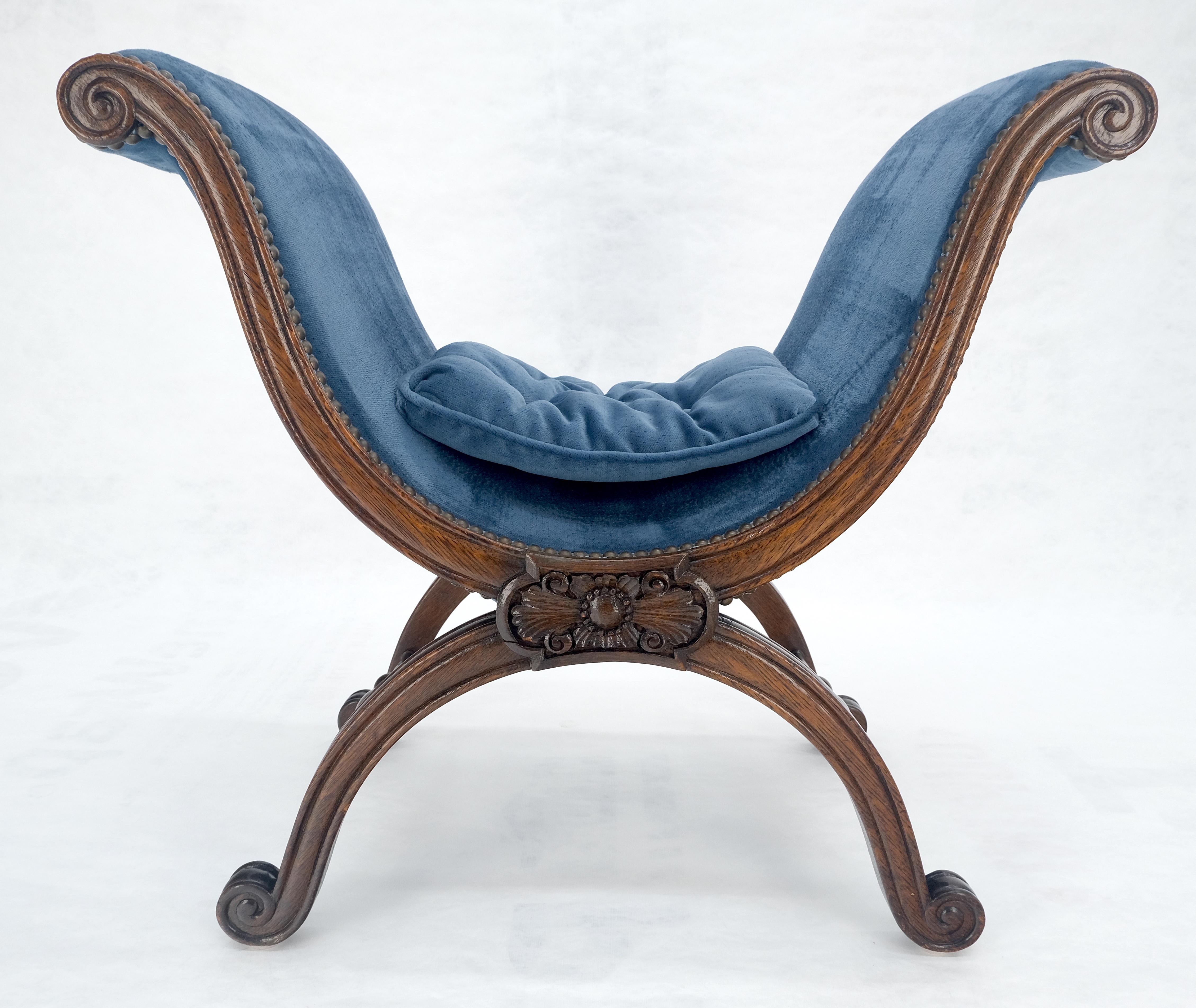 Hand-Crafted French Carved Wood Scissor Shape Blue Velvet Upholstery Bench For Sale