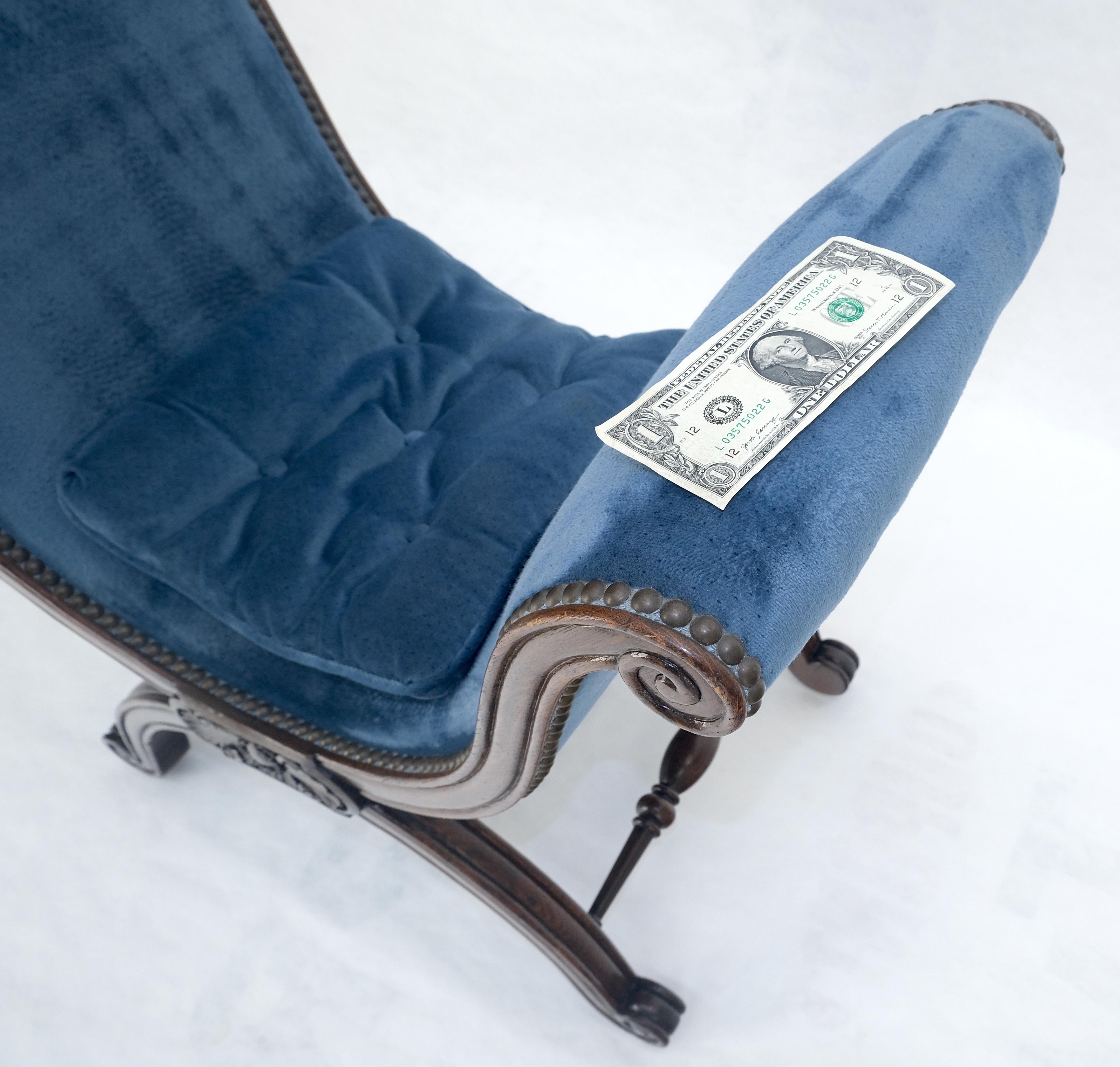 Hardwood French Carved Wood Scissor Shape Blue Velvet Upholstery Bench For Sale