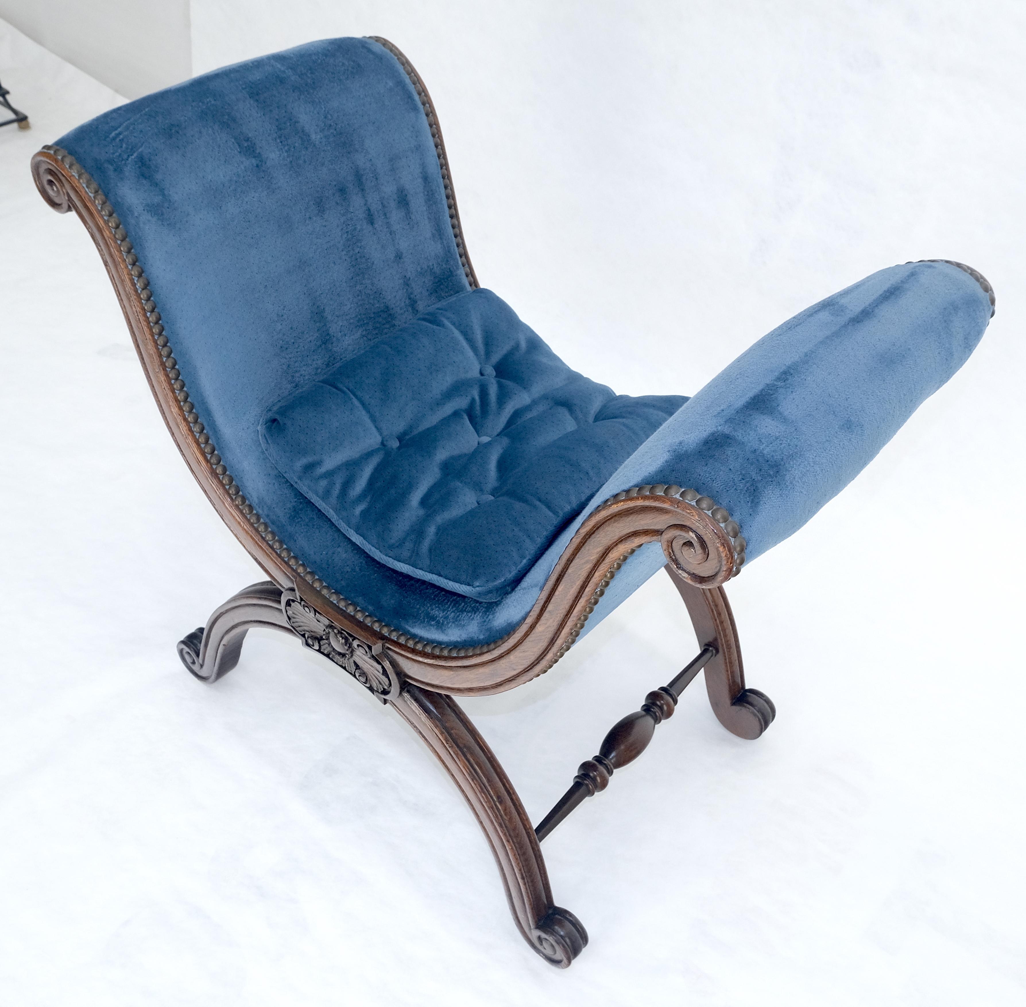 French Carved Wood Scissor Shape Blue Velvet Upholstery Bench For Sale 1