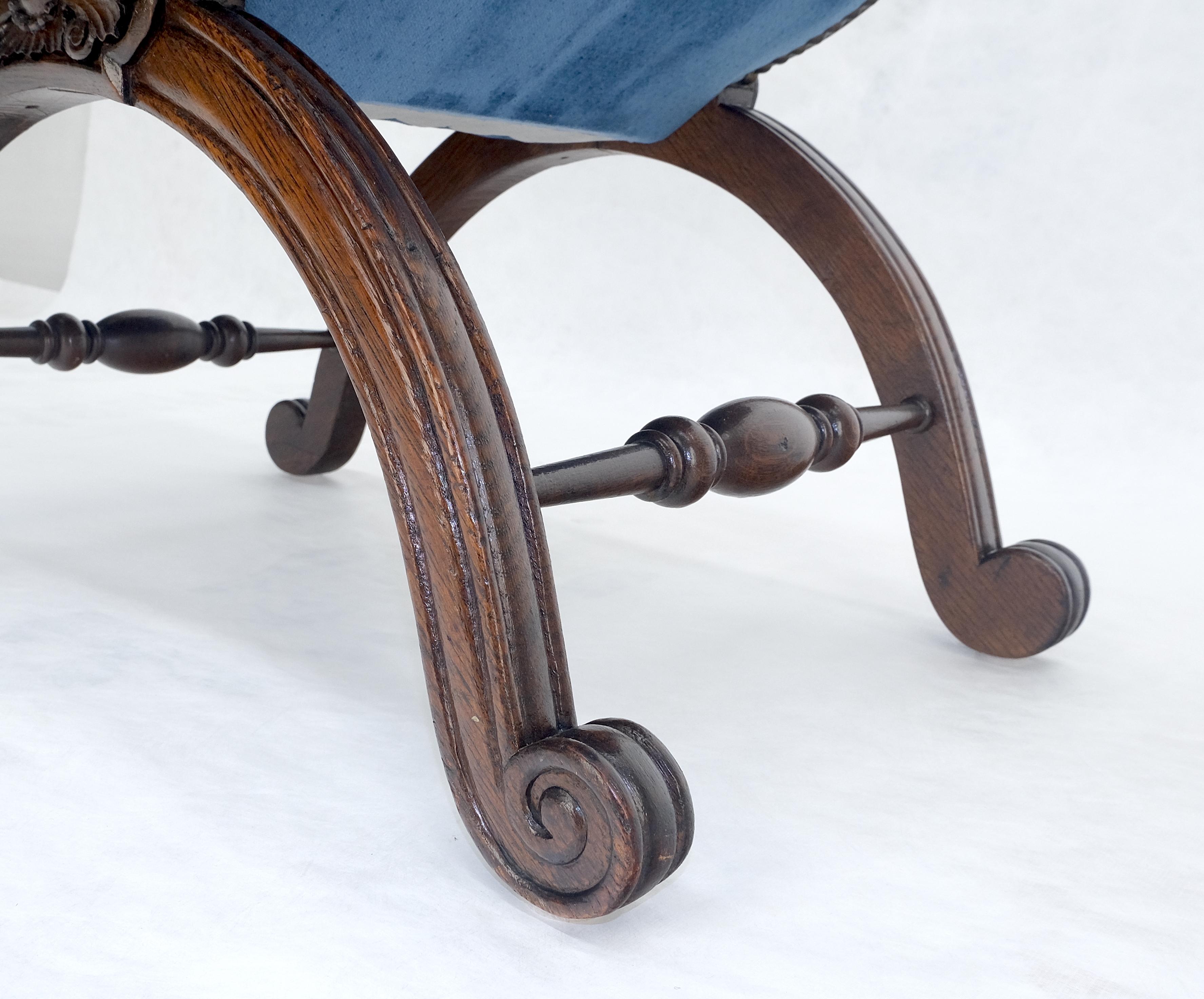 French Carved Wood Scissor Shape Blue Velvet Upholstery Bench For Sale 2