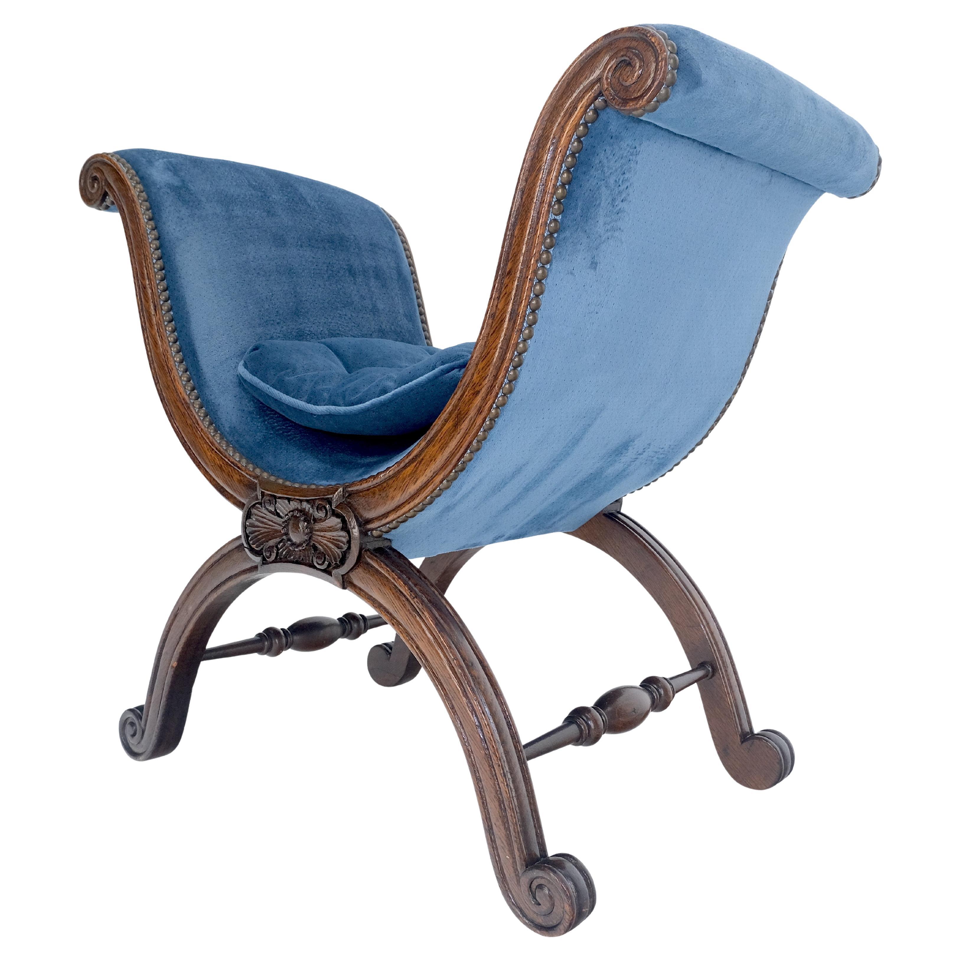 French Carved Wood Scissor Shape Blue Velvet Upholstery Bench For Sale