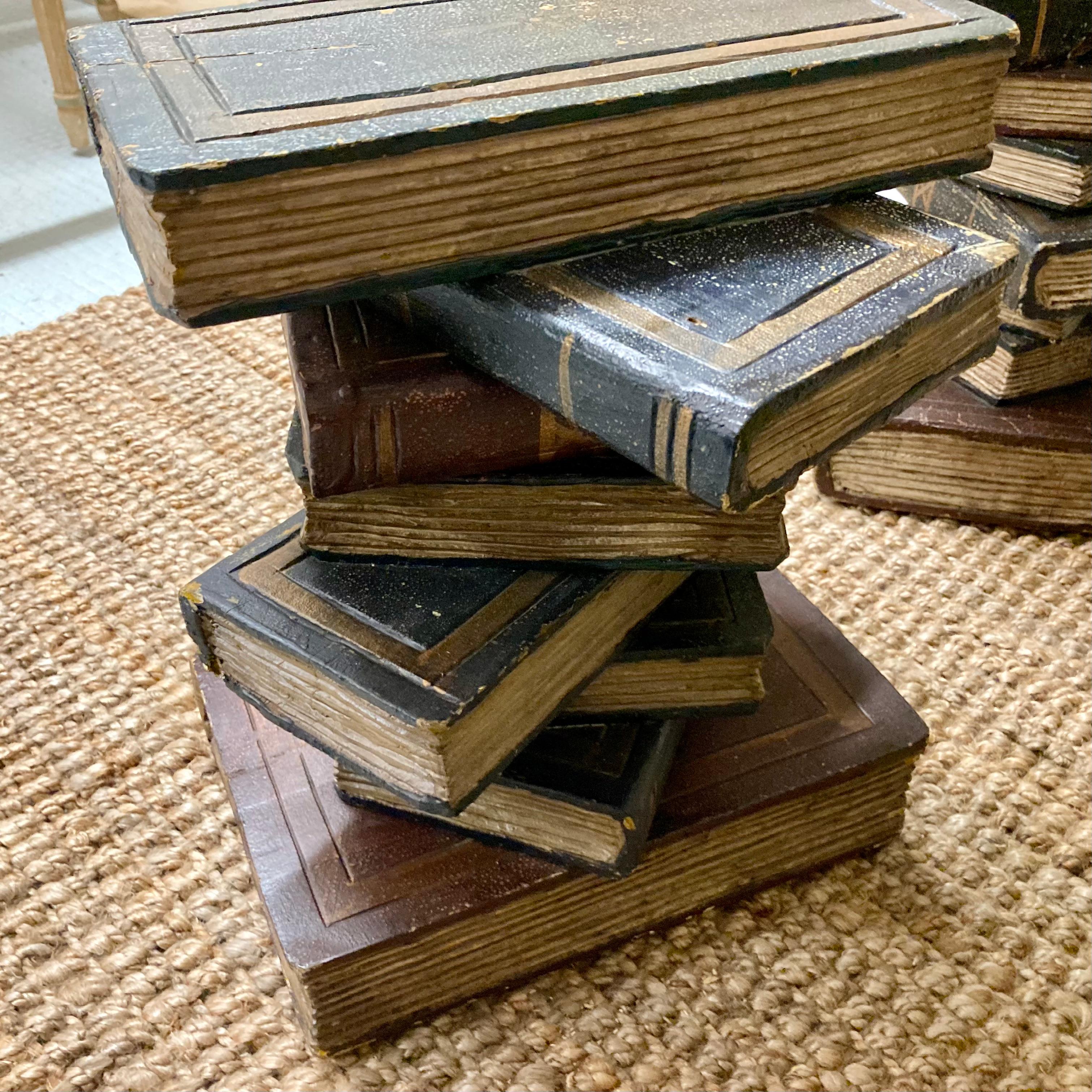 French Carved Wood Stacked Book Cocktail Tables, a Pair For Sale 8