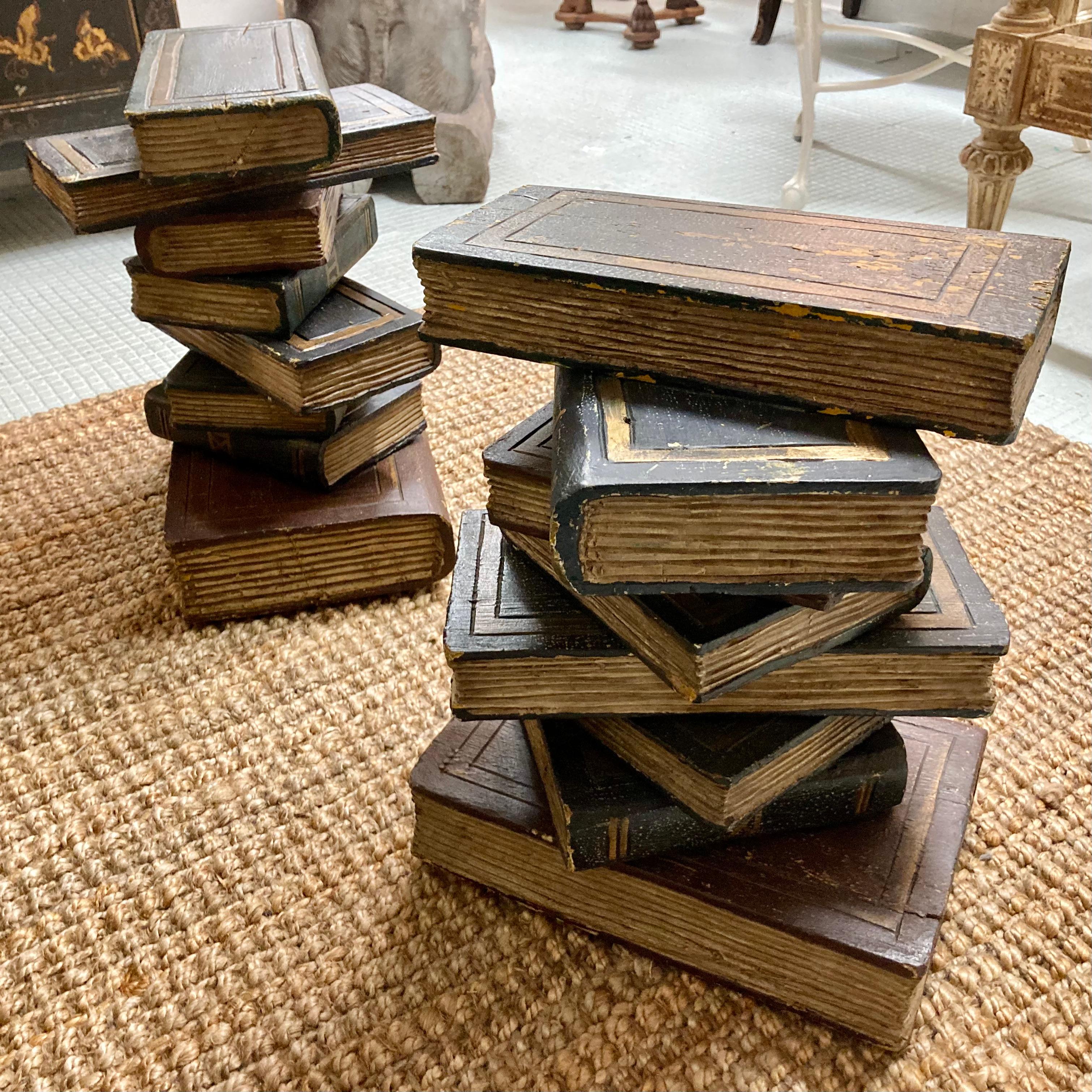 French Carved Wood Stacked Book Cocktail Tables, a Pair In Good Condition For Sale In Los Angeles, CA