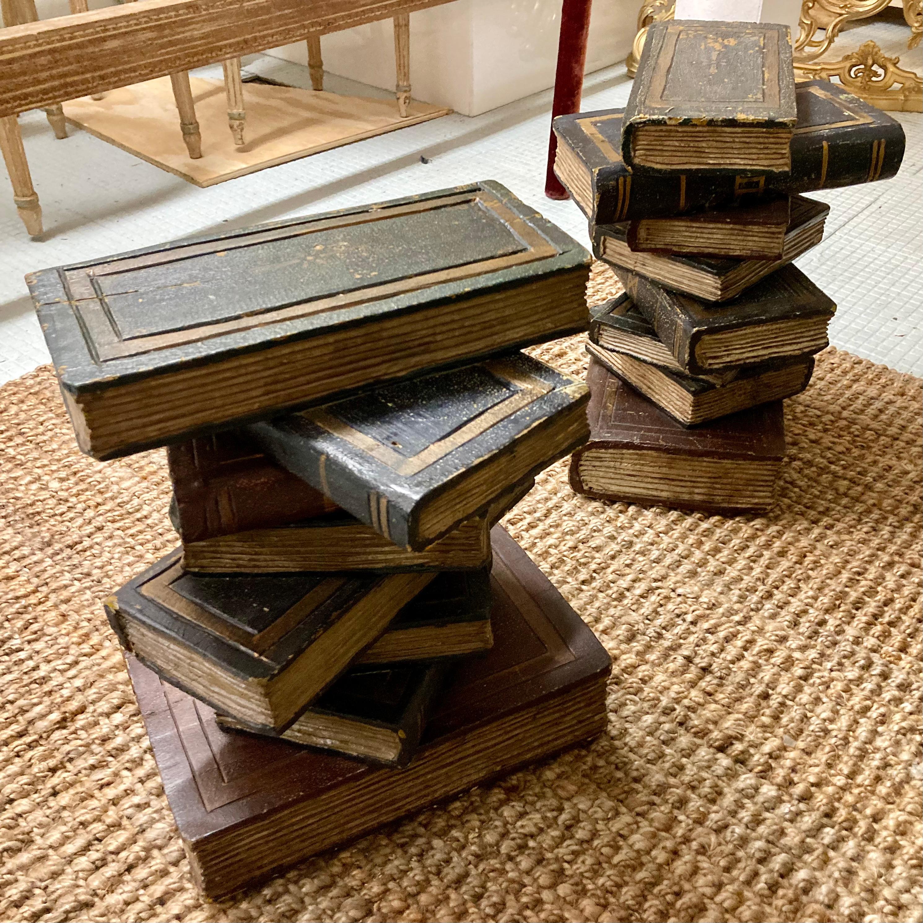 Mid-20th Century French Carved Wood Stacked Book Cocktail Tables, a Pair For Sale