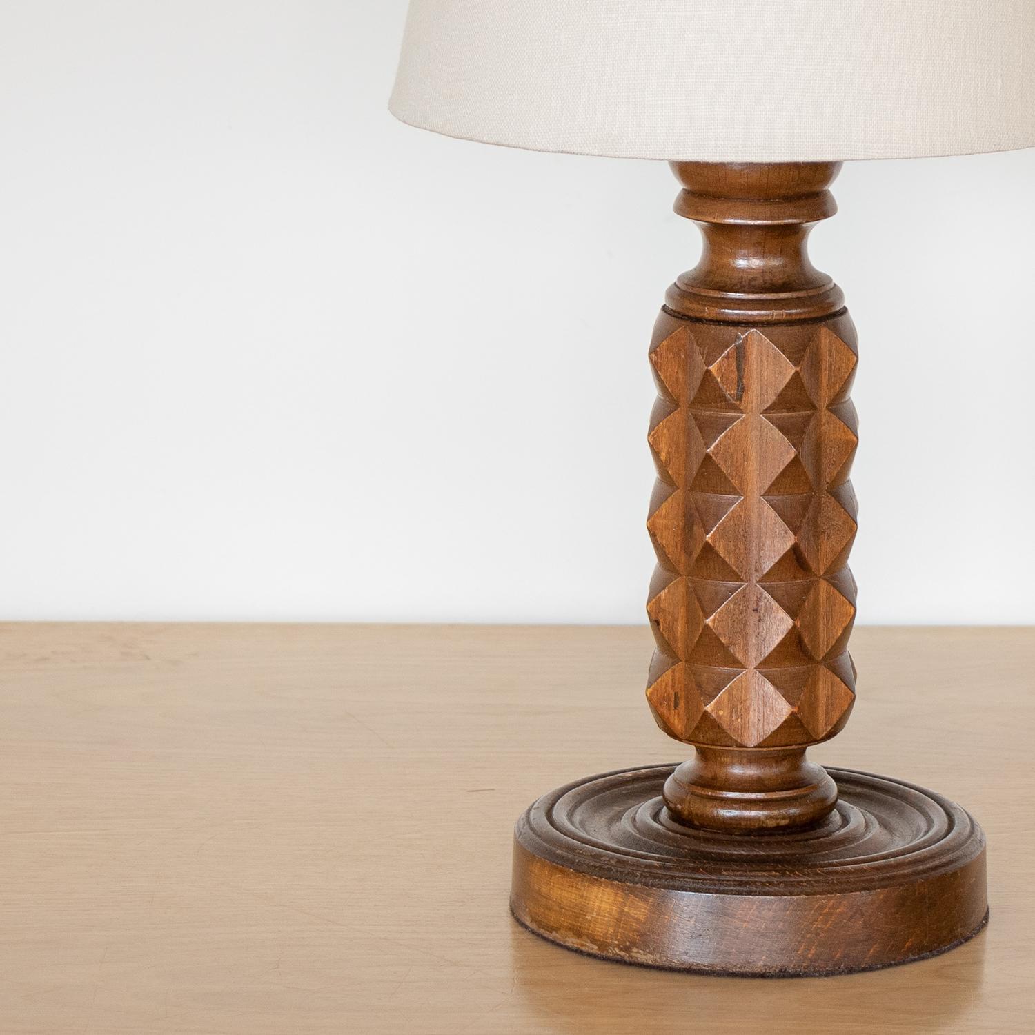 Linen French Carved Wood Table Lamp For Sale