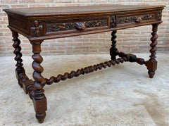 French Carved Wood Writing Table with Barley Twist Legs, Mid-20th Century