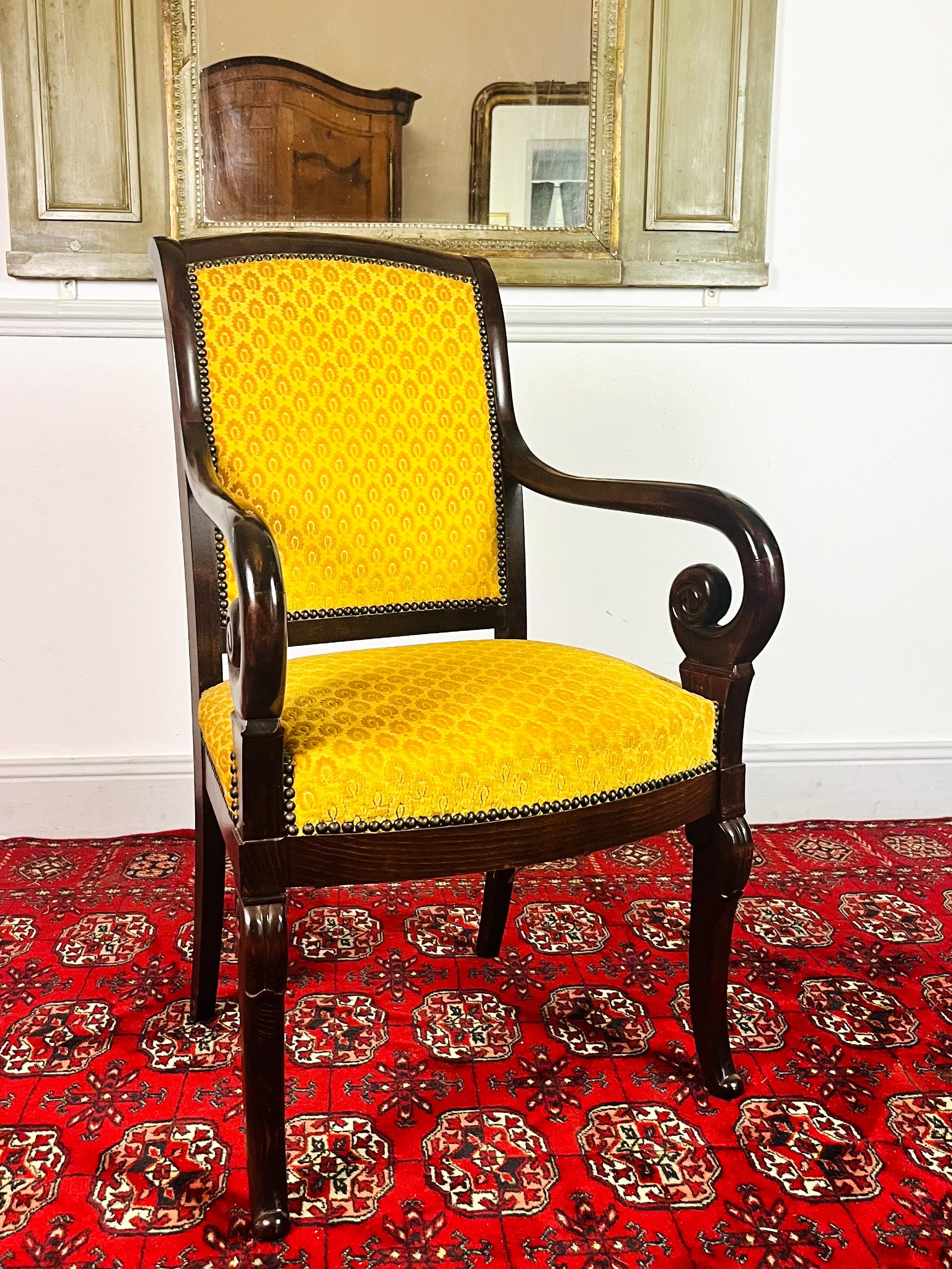 Restauration French Carved Wooden Armchair with Yellow Velvet   - Restoration Period - France For Sale