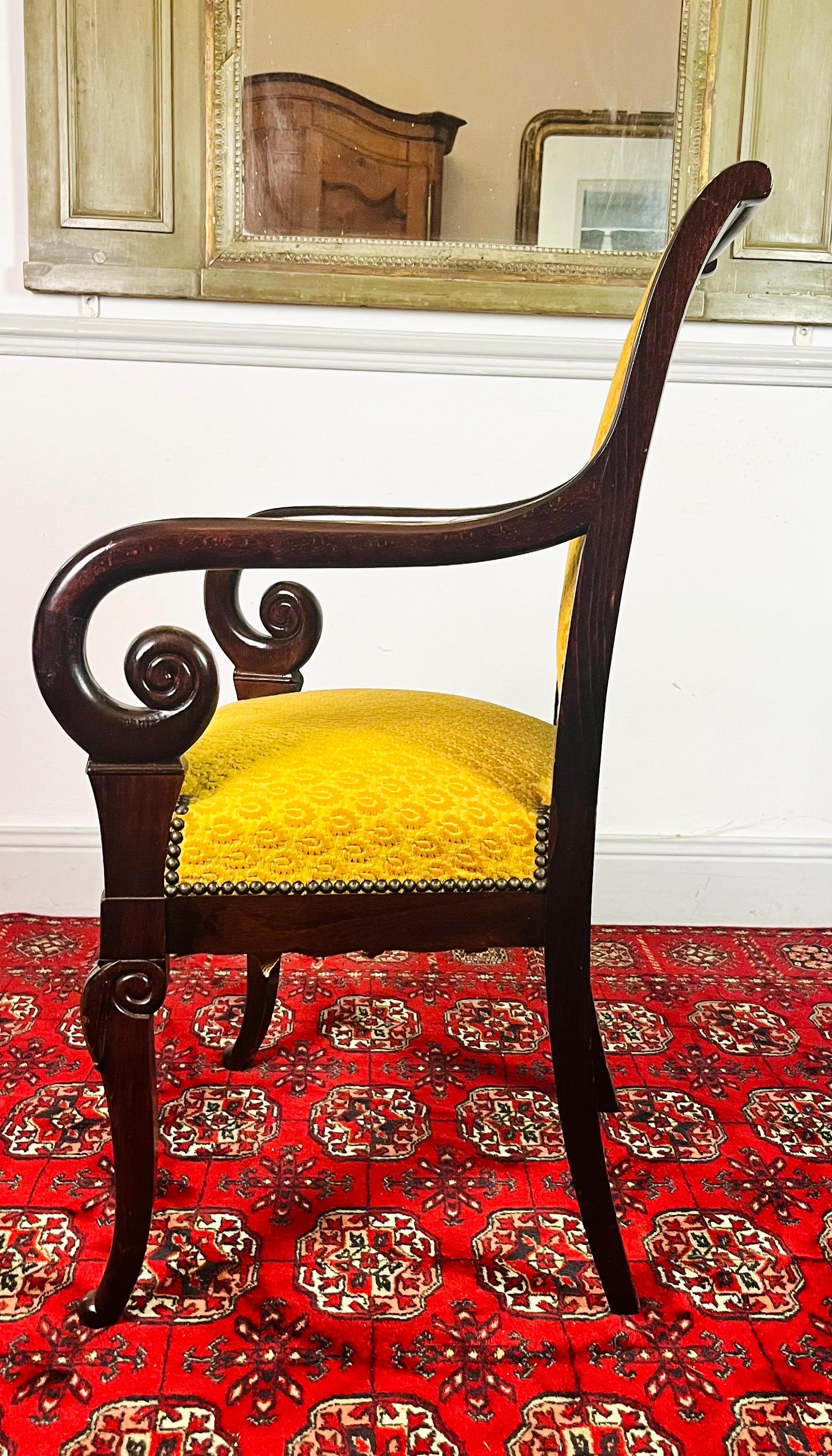 French Carved Wooden Armchair with Yellow Velvet   - Restoration Period - France For Sale 2