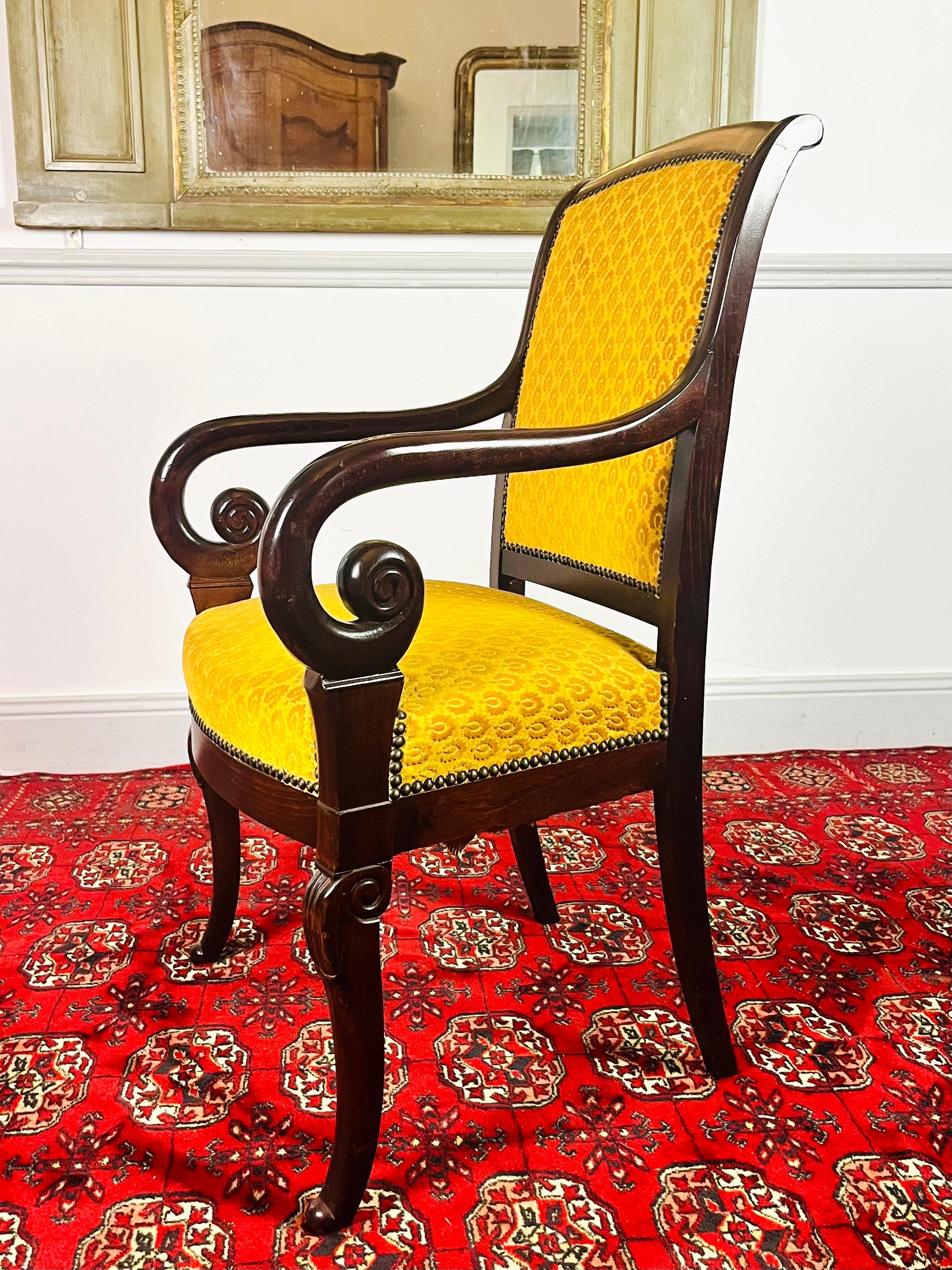 French Carved Wooden Armchair with Yellow Velvet   - Restoration Period - France For Sale 3