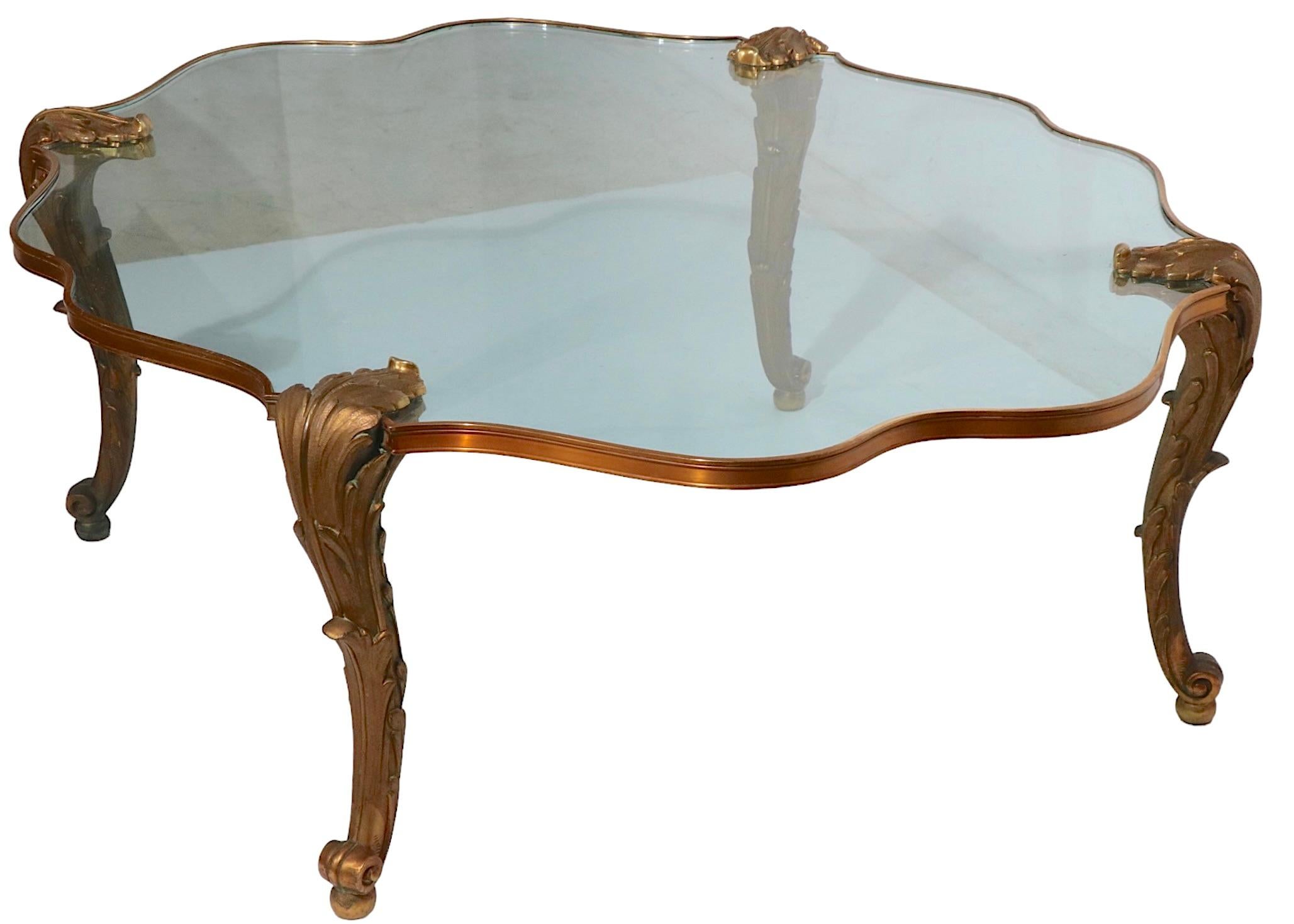 Hollywood Regency  French Cast Brass and Glass Coffee Table Signed P.E. Guerin For Sale