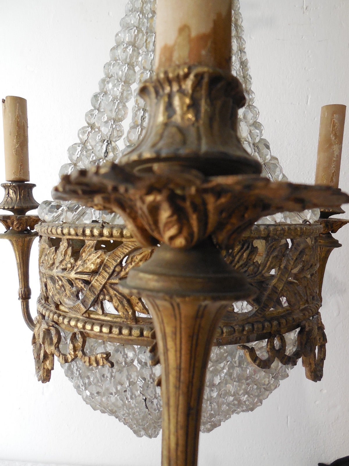 French Cast Bronze Crystal Beaded Dome Wreath Chandelier 2