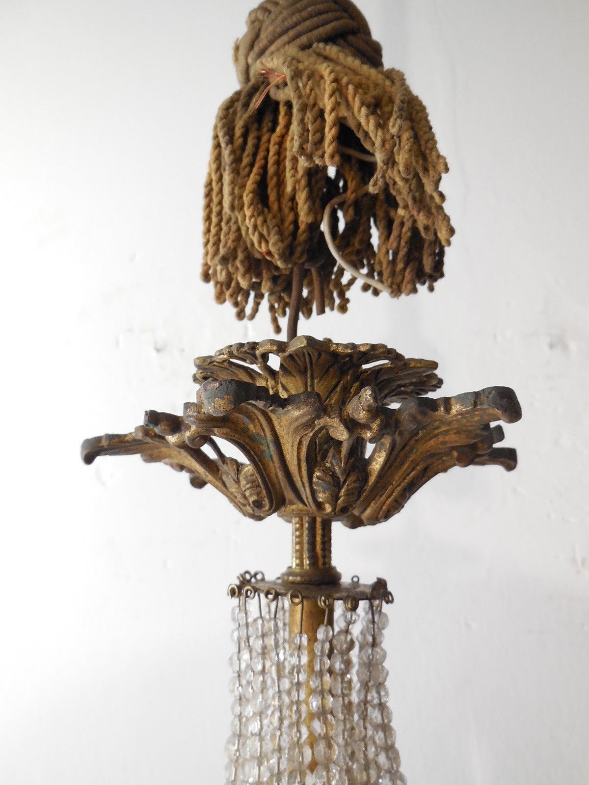 French Cast Bronze Crystal Beaded Dome Wreath Chandelier 5