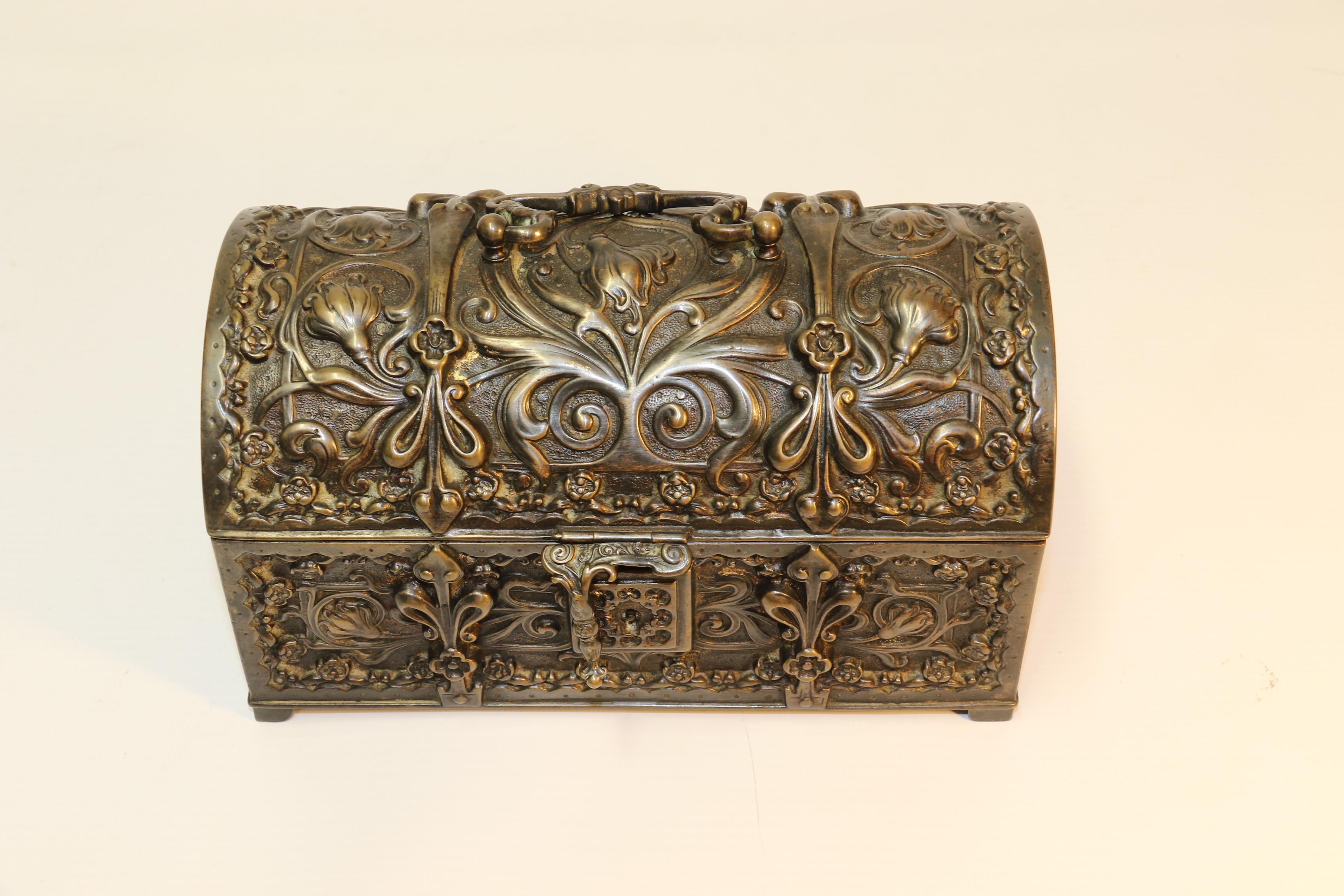 French Cast Bronze Jewelry Box Made in the Form of a Medieval Domed Top Coffer For Sale 9