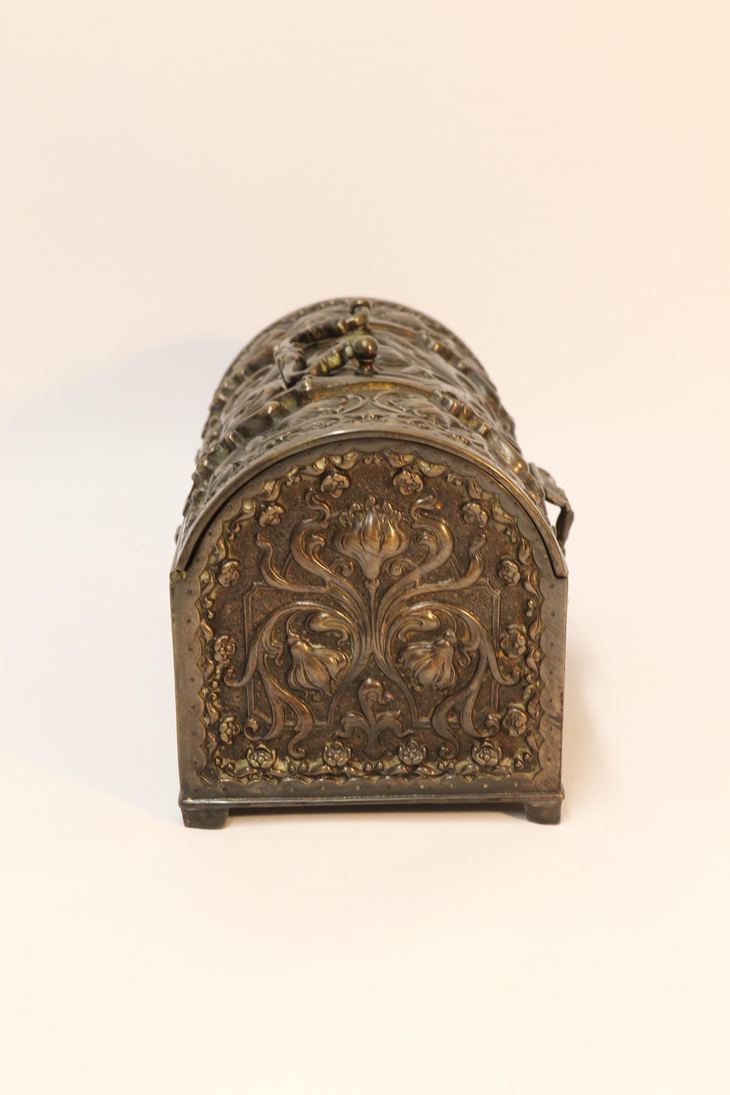 19th Century French Cast Bronze Jewelry Box Made in the Form of a Medieval Domed Top Coffer For Sale