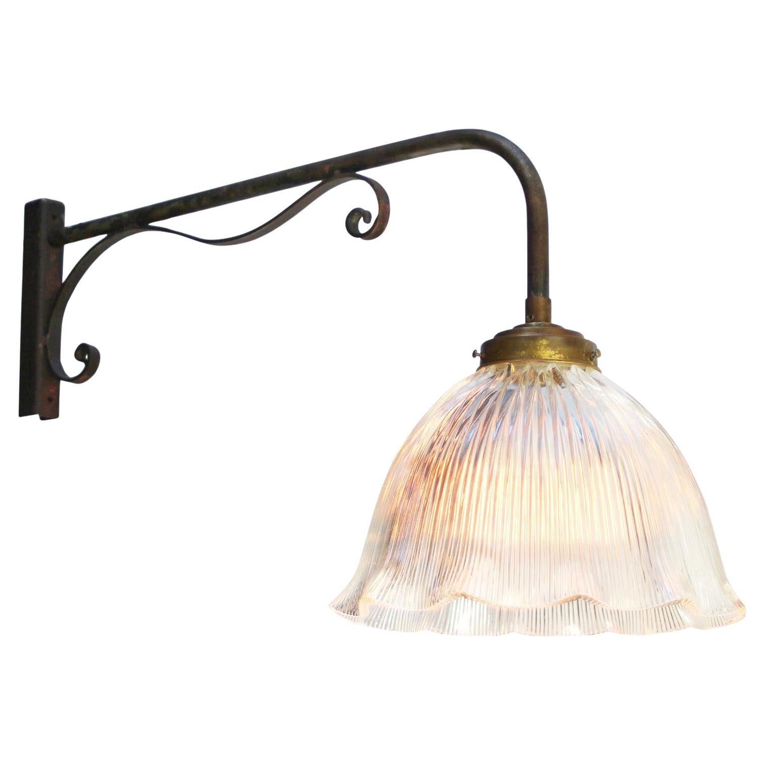 French Cast Iron Art Deco Clear Holophane Glass Wall Lights For Sale