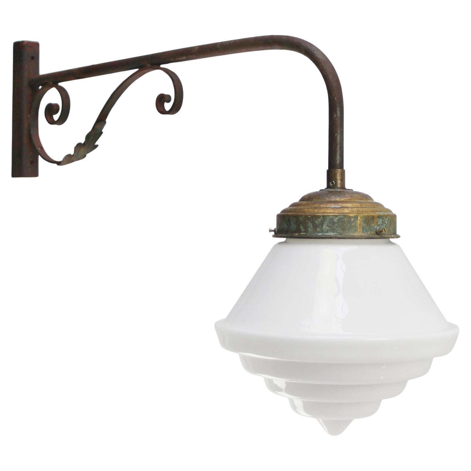 French Cast Iron Art Deco Opaline Glass Wall Lights