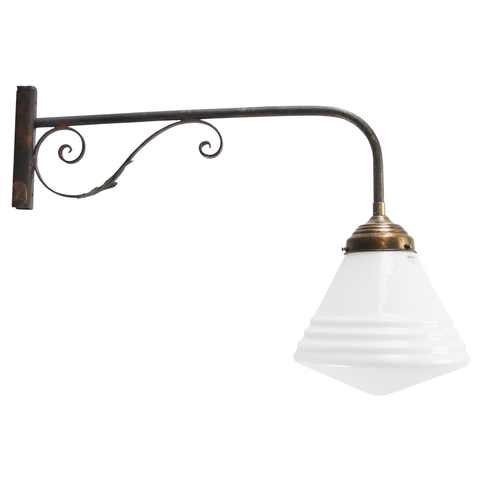 French Cast Iron Art Deco Opaline Philips Glass Wall Lights For Sale