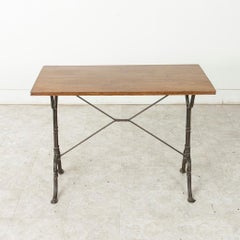French Cast Iron Bistro Table or Cafe Table with Oak Top, circa 1920