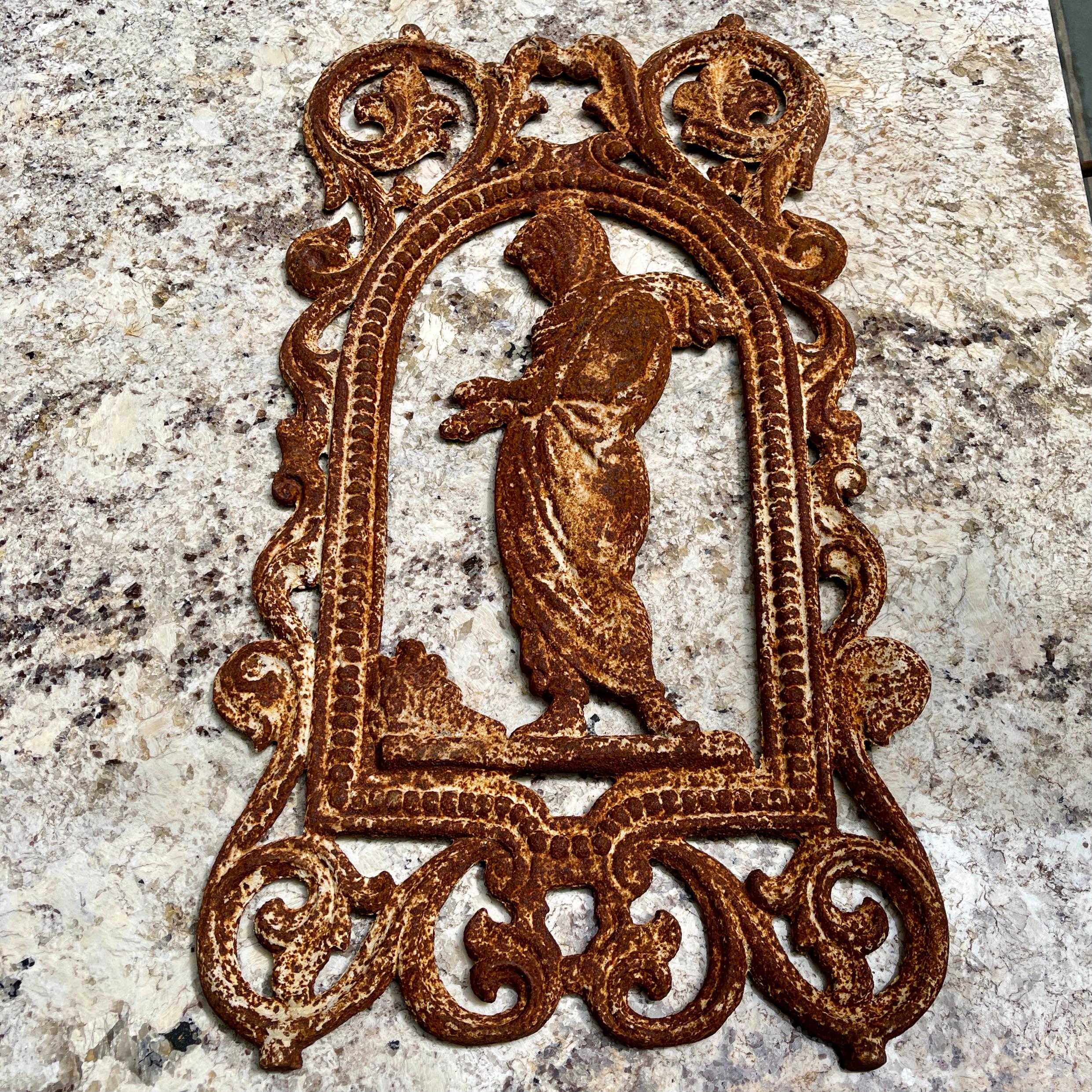 French Cast Iron Figural Flatback Rust Patina Garden Panel For Sale 5