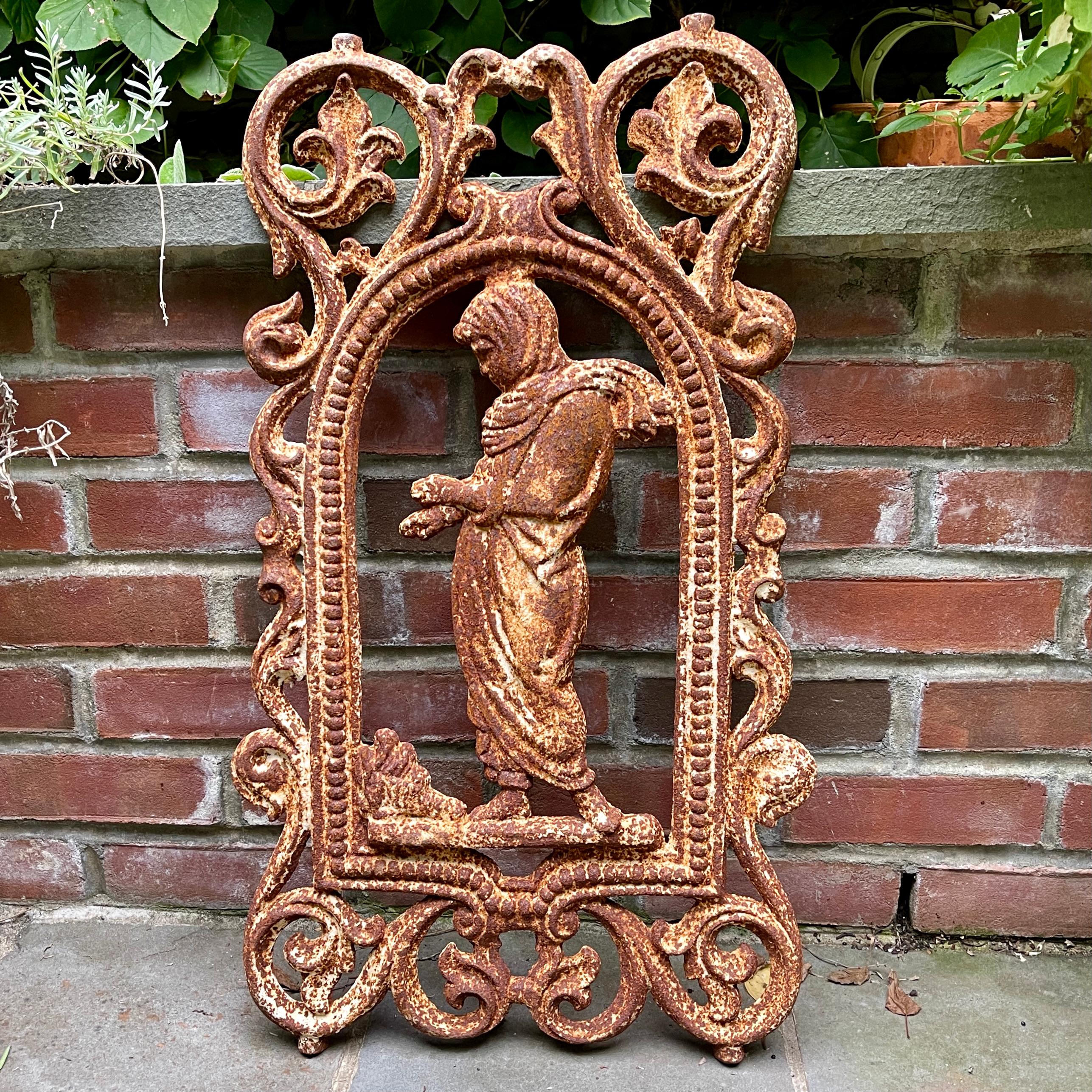French Cast Iron Figural Flatback Rust Patina Garden Panel For Sale 7