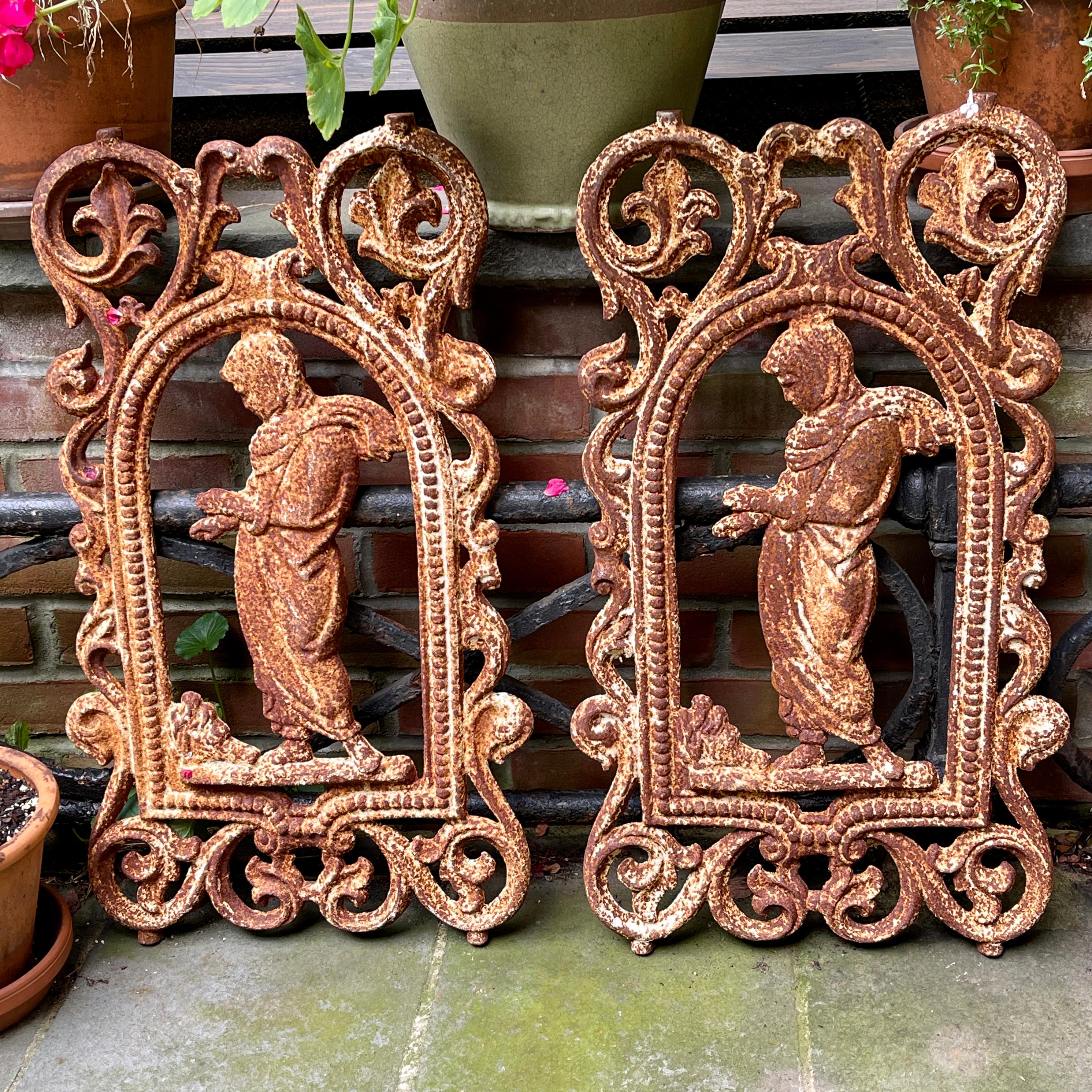 French Cast Iron Figural Flatback Rust Patina Garden Panel For Sale 8