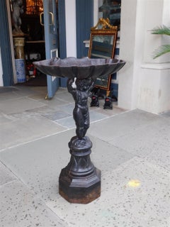 French Cast Iron Figural Shell Bowl Bird Bath on Octagonal Plinth, Circa 1870