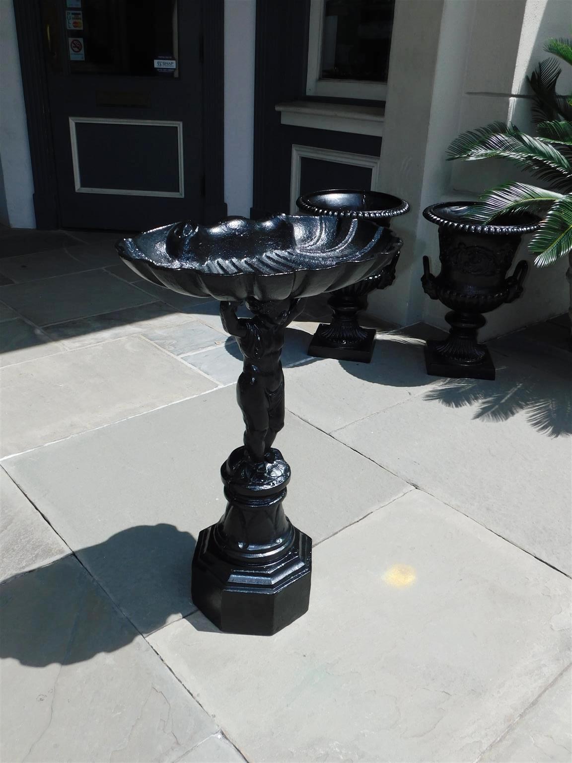 Louis Philippe French Cast Iron Figural Shell Bowl Bird Bath on Octagonal Plinth, Circa 1870