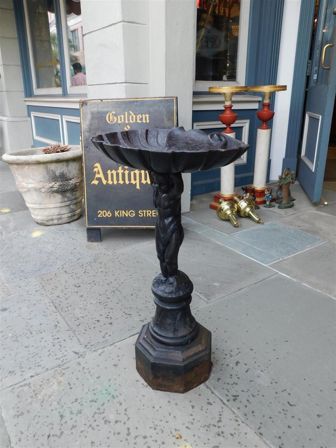 Louis Philippe French Cast Iron Figural Shell Bowl Bird Bath on Octagonal Plinth, Circa 1870