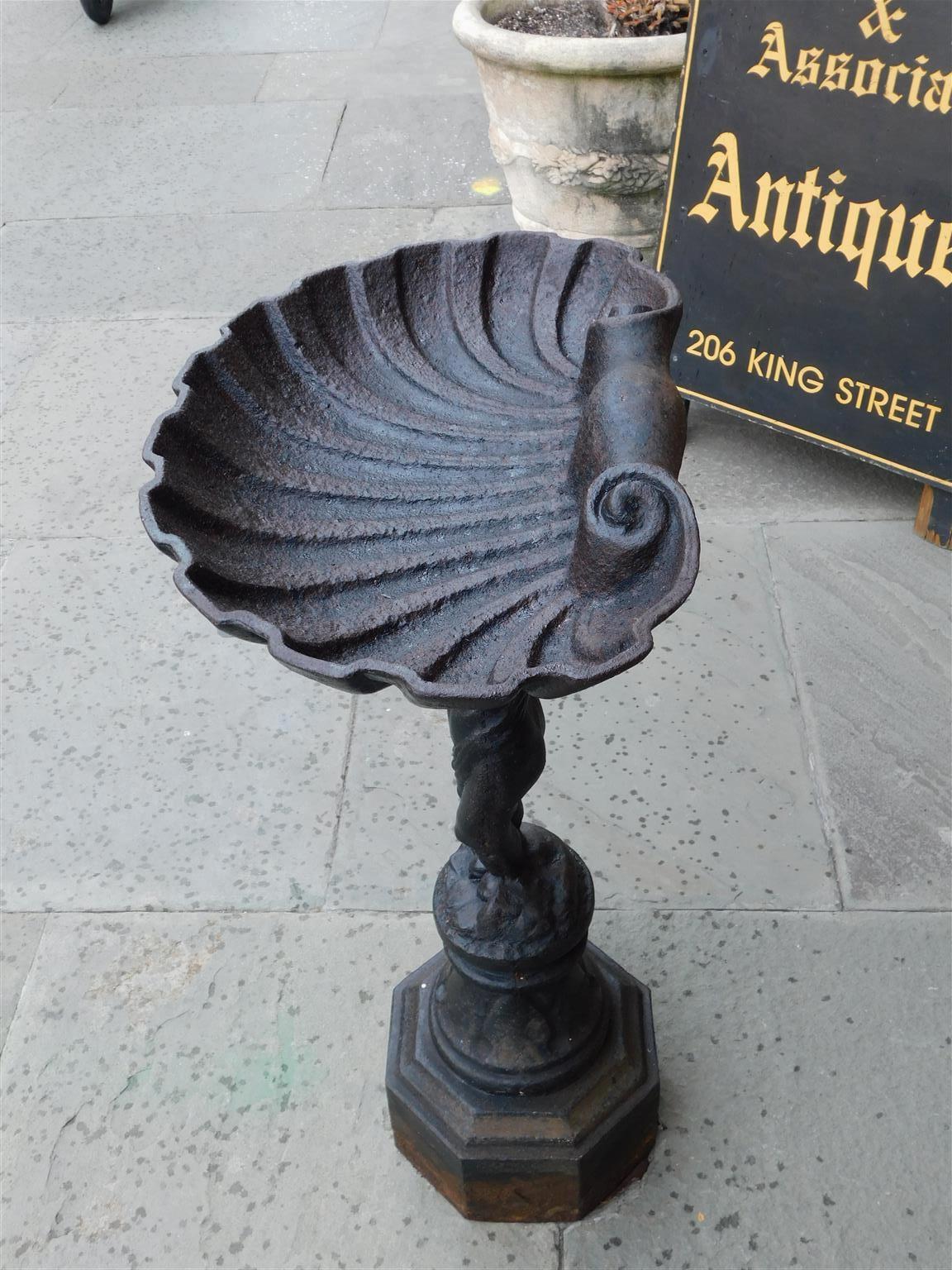 French Cast Iron Figural Shell Bowl Bird Bath on Octagonal Plinth, Circa 1870 In Excellent Condition In Hollywood, SC