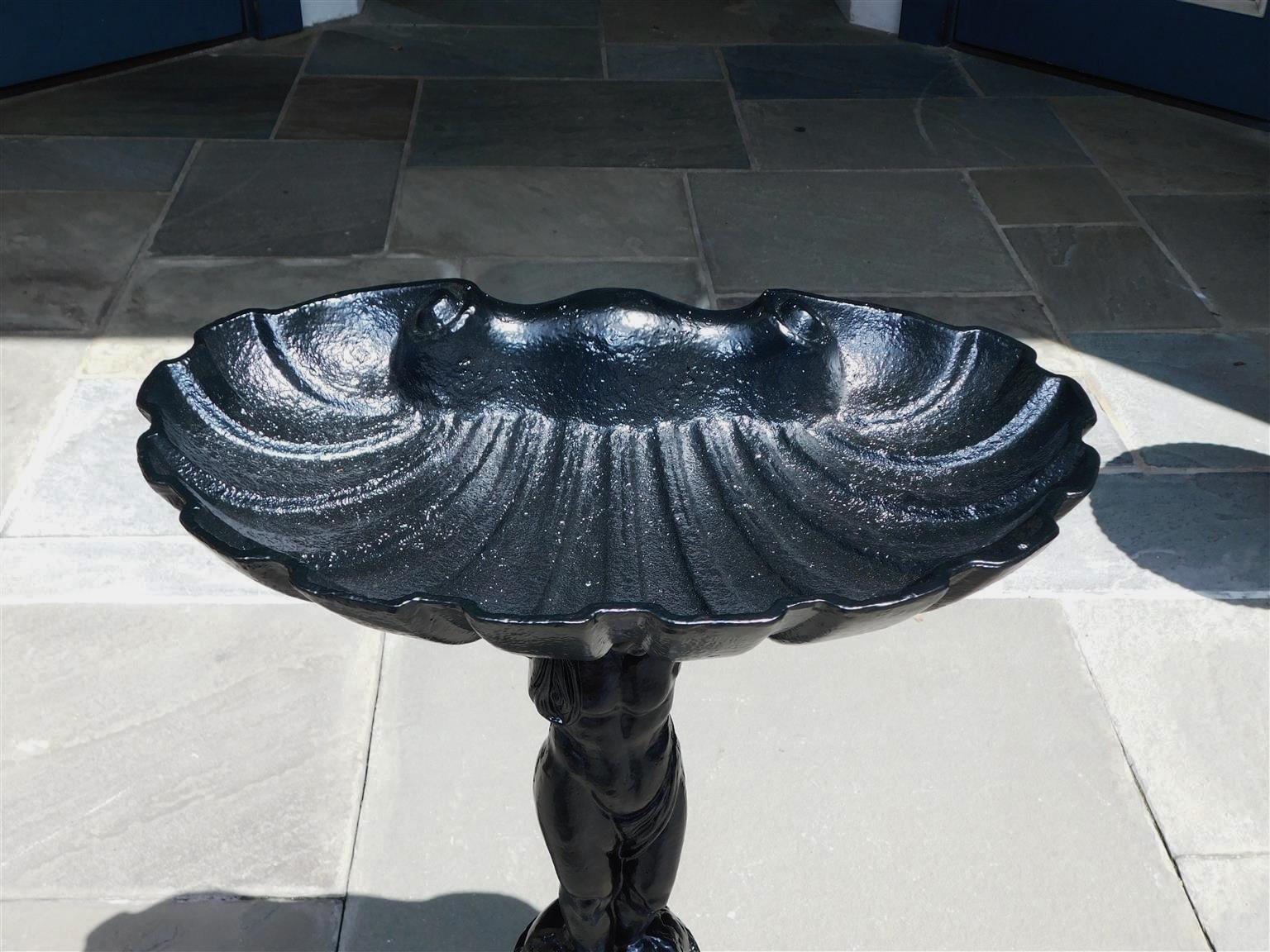 Late 19th Century French Cast Iron Figural Shell Bowl Bird Bath on Octagonal Plinth, Circa 1870