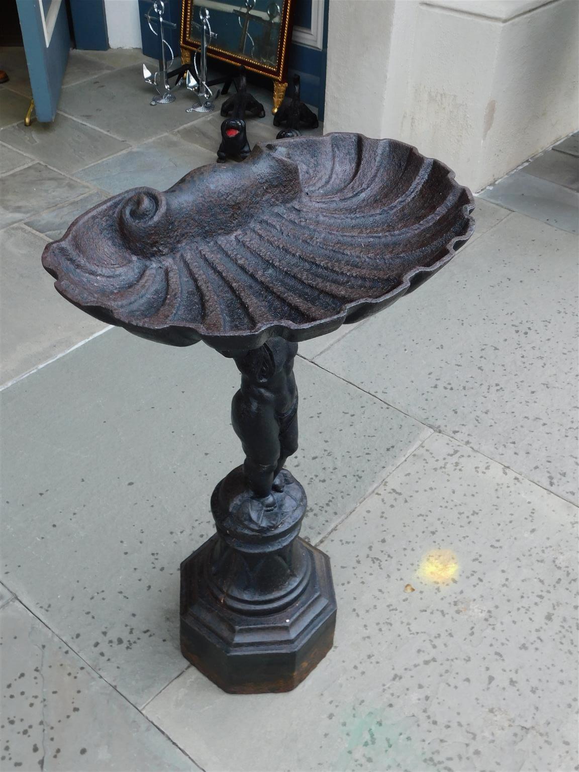 Late 19th Century French Cast Iron Figural Shell Bowl Bird Bath on Octagonal Plinth, Circa 1870