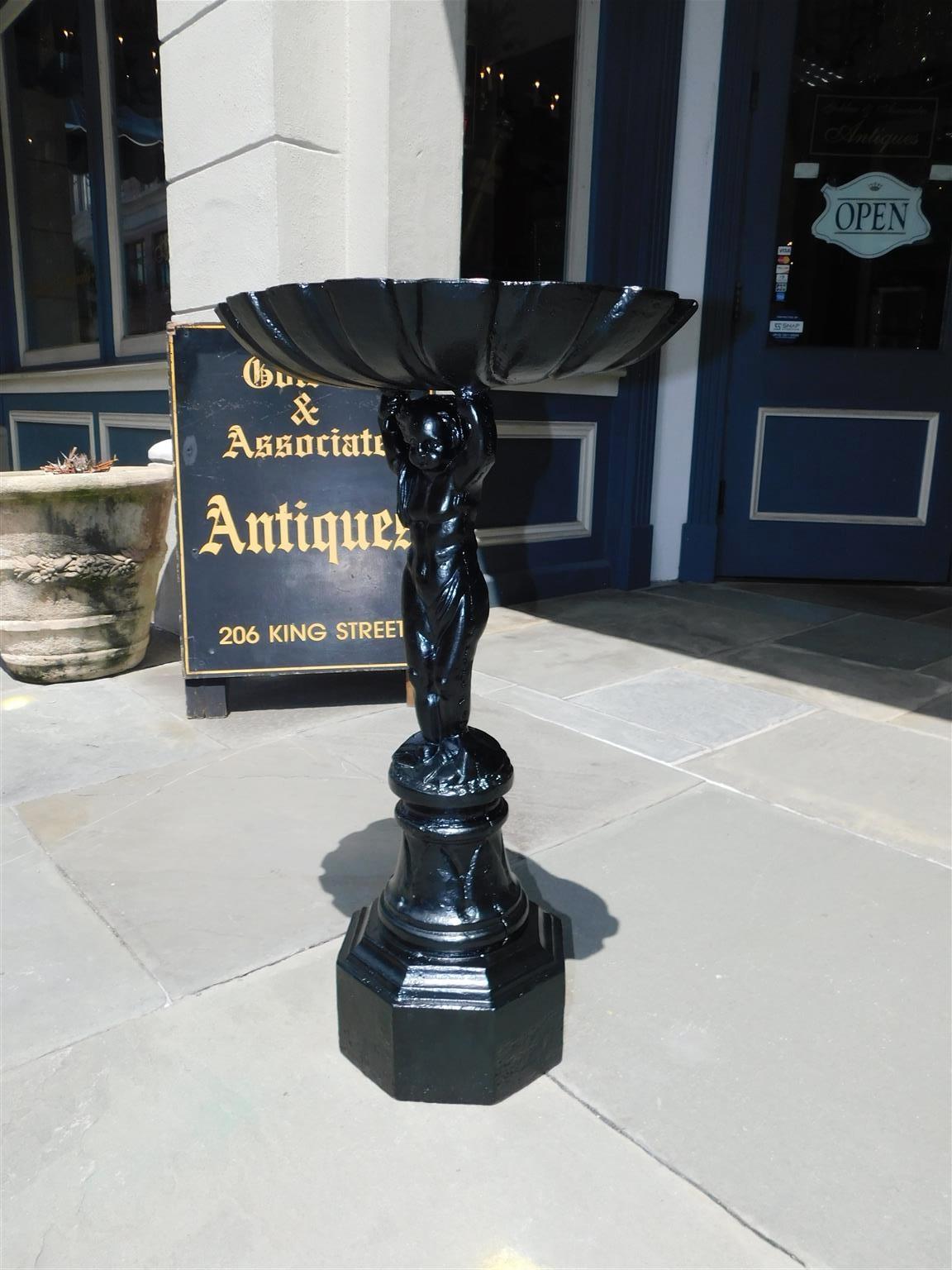 French Cast Iron Figural Shell Bowl Bird Bath on Octagonal Plinth, Circa 1870 1