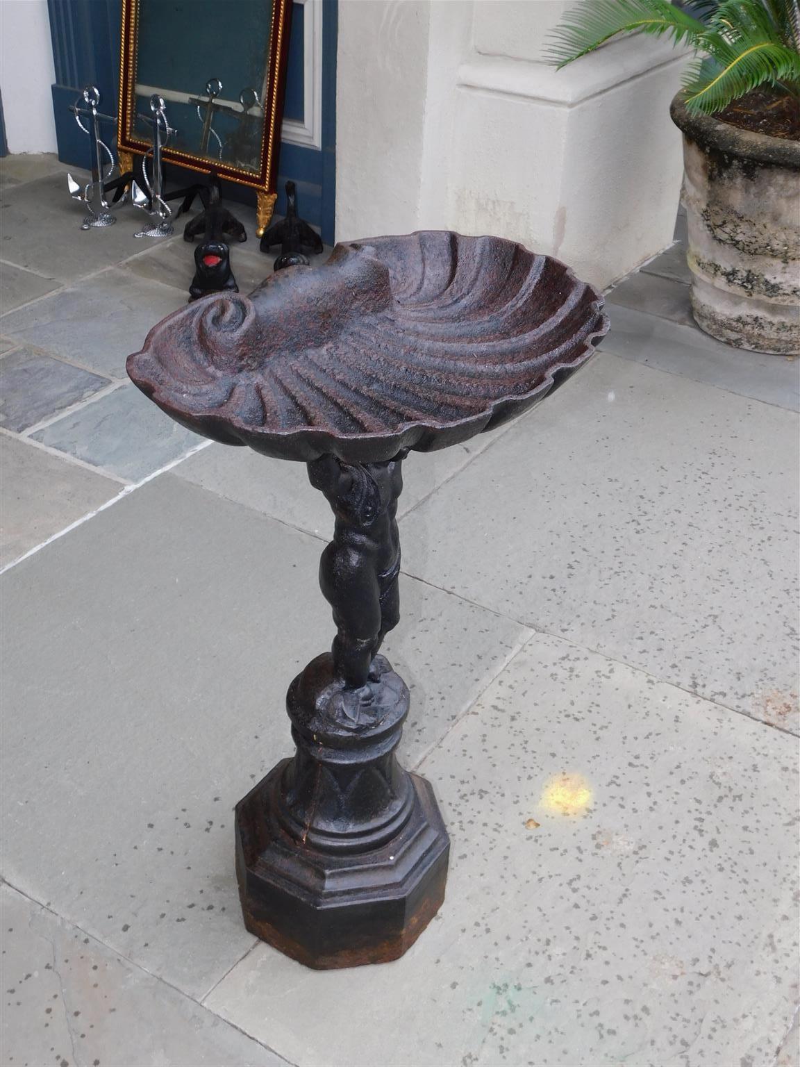 French Cast Iron Figural Shell Bowl Bird Bath on Octagonal Plinth, Circa 1870 2