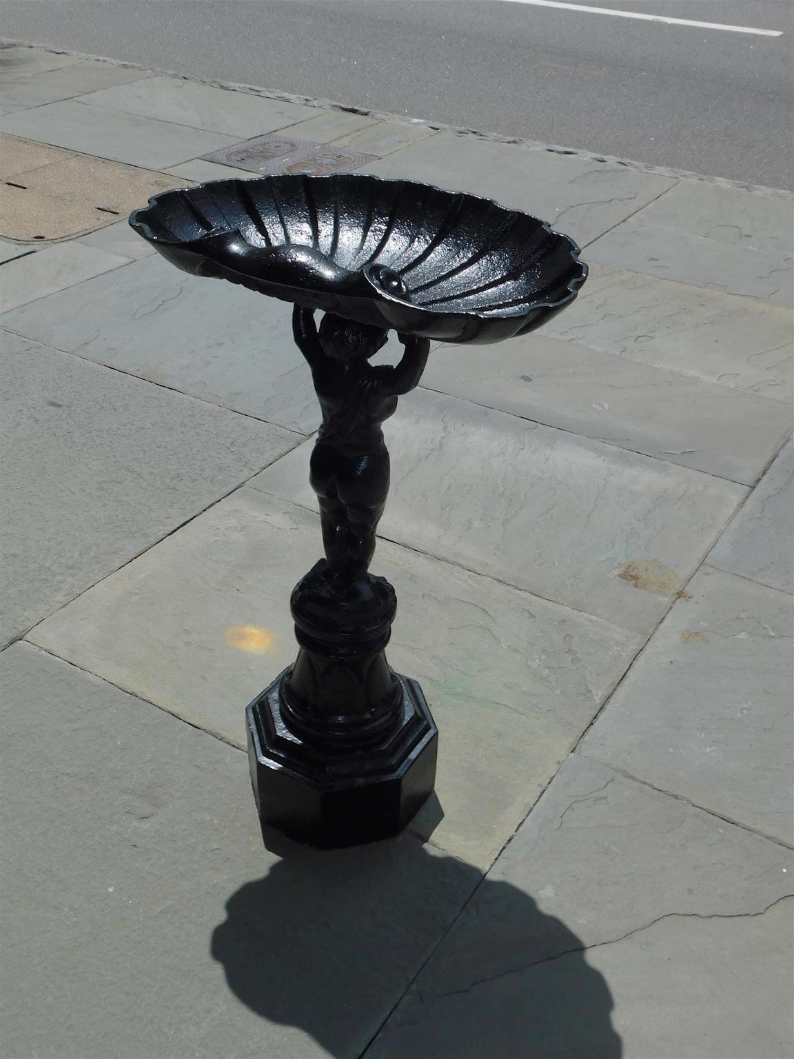 French Cast Iron Figural Shell Bowl Bird Bath on Octagonal Plinth, Circa 1870 4