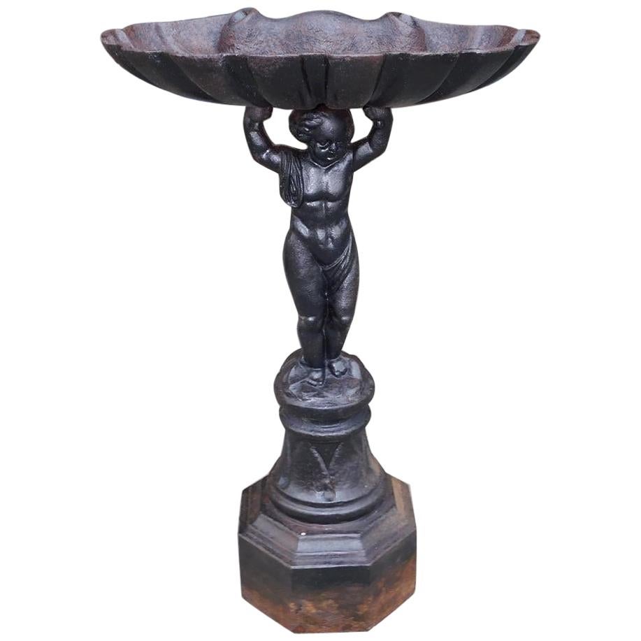 French Cast Iron Figural Shell Bowl Bird Bath on Octagonal Plinth, Circa 1870