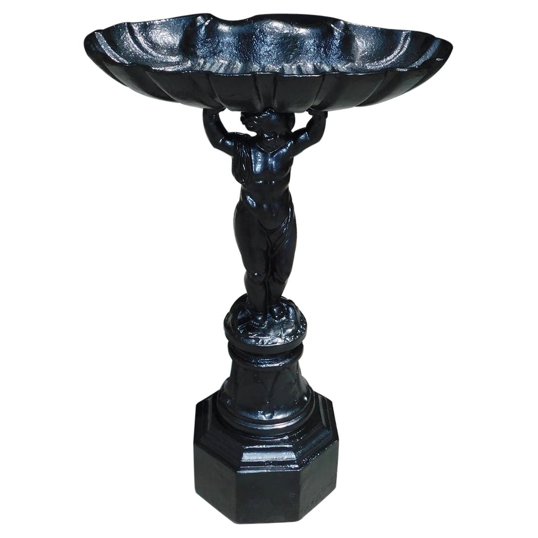 French Cast Iron Figural Shell Bowl Bird Bath on Octagonal Plinth, Circa 1870