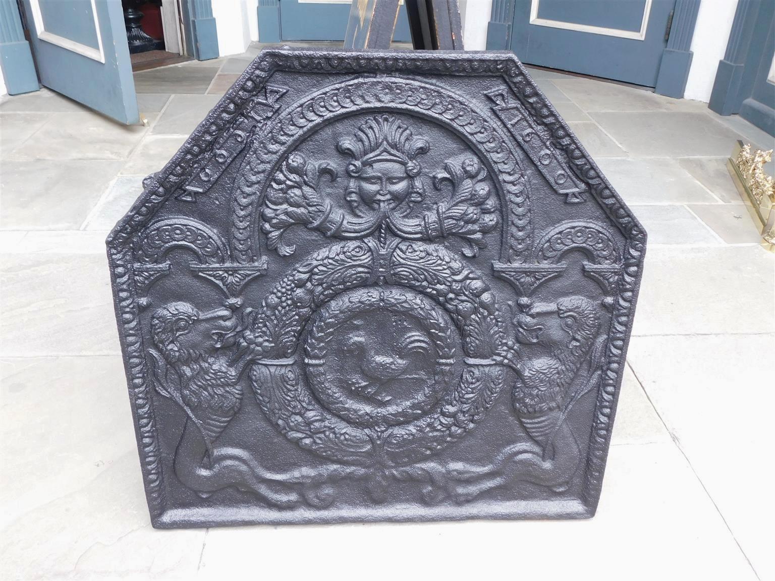 Early 17th Century French Cast Iron Fire Back with Flanking Lions & Rooster Coat of Arms, C. 1600 For Sale