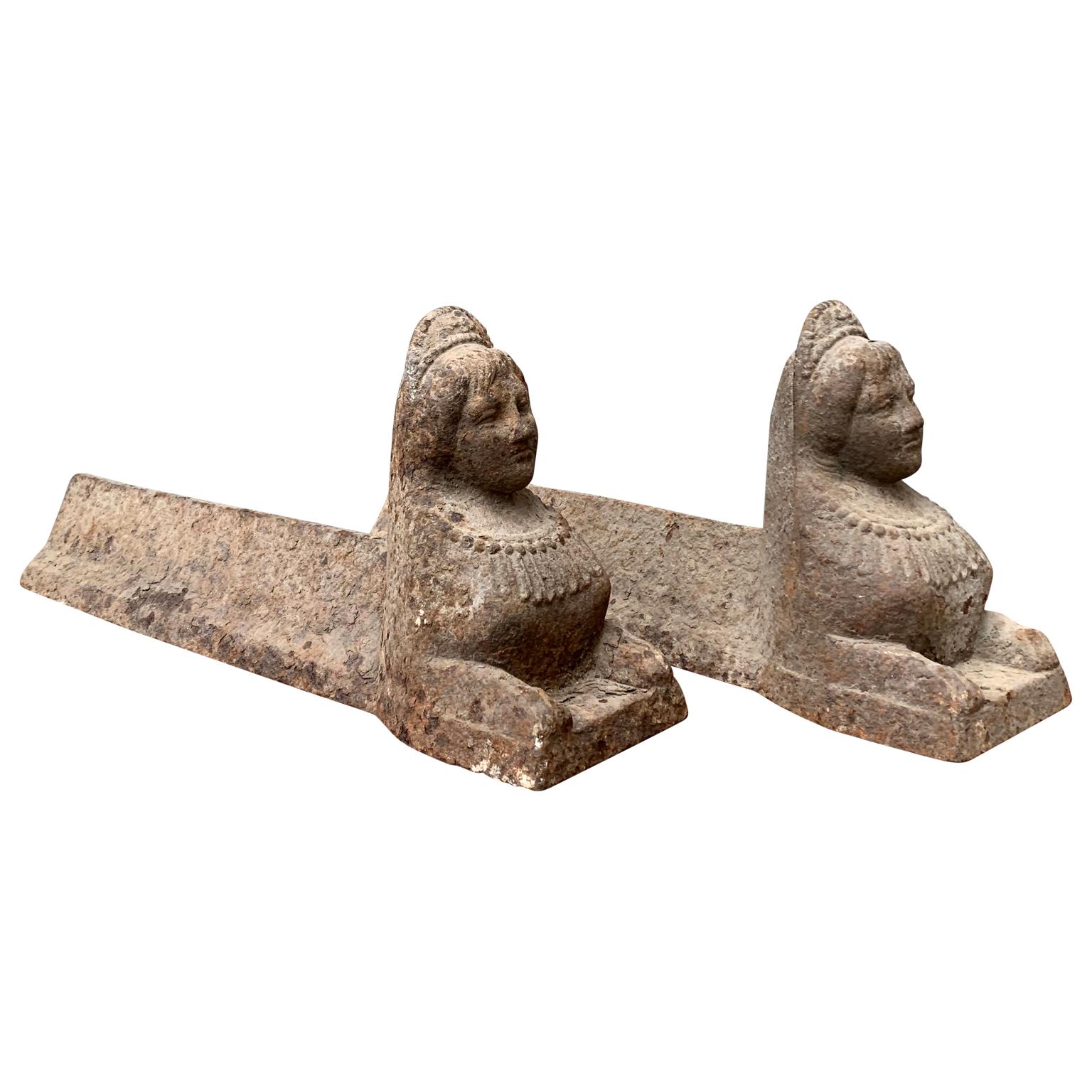 French Cast Iron Firedog Andirons of Sphinx Sculptures, Empire Period 1