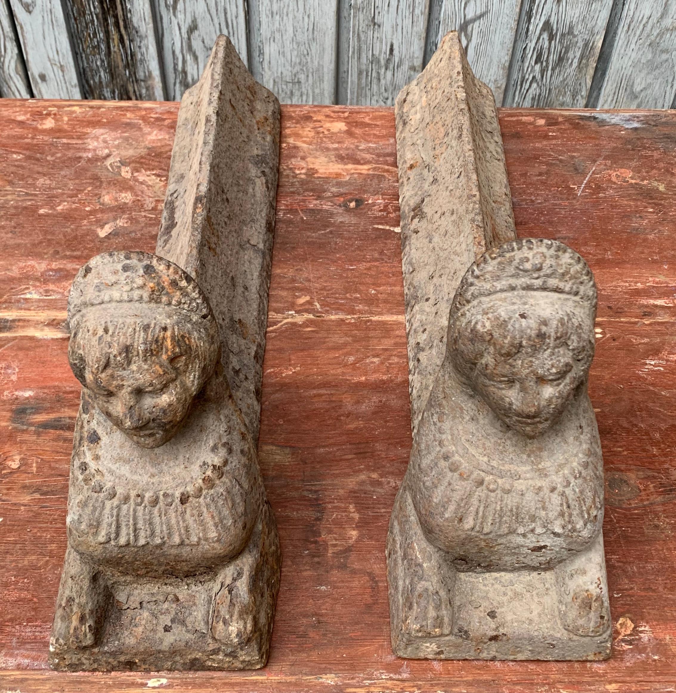 French Cast Iron Firedog Andirons of Sphinx Sculptures, Empire Period 3