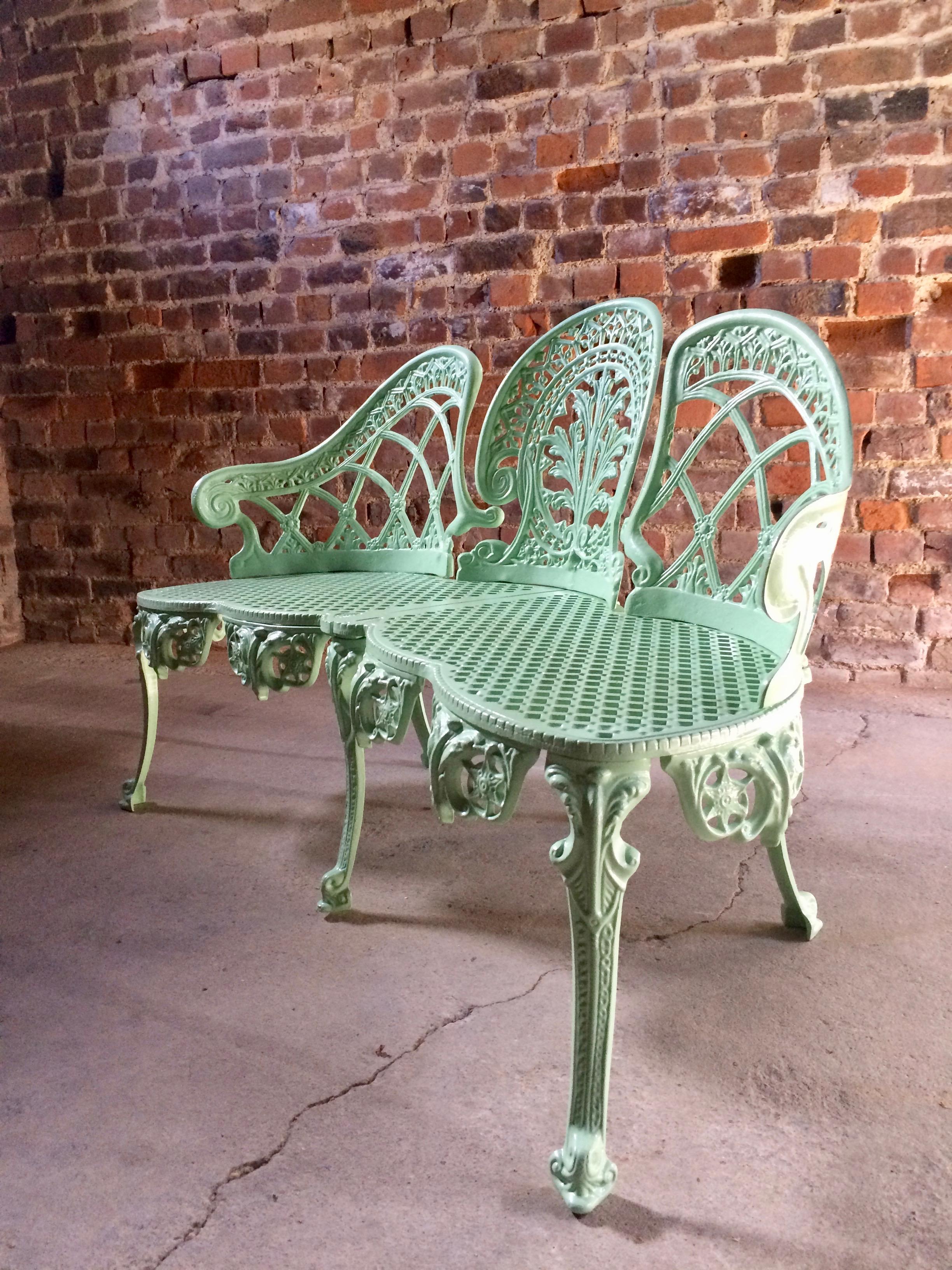 A fabulous original vintage French cast iron garden bench in the Victorian manner, circa 1960s, finished in pistachio green having been newly shot blasted and powder coated, looks stunning.

French
Victorian style
Cast iron
Garden bench
Newly
