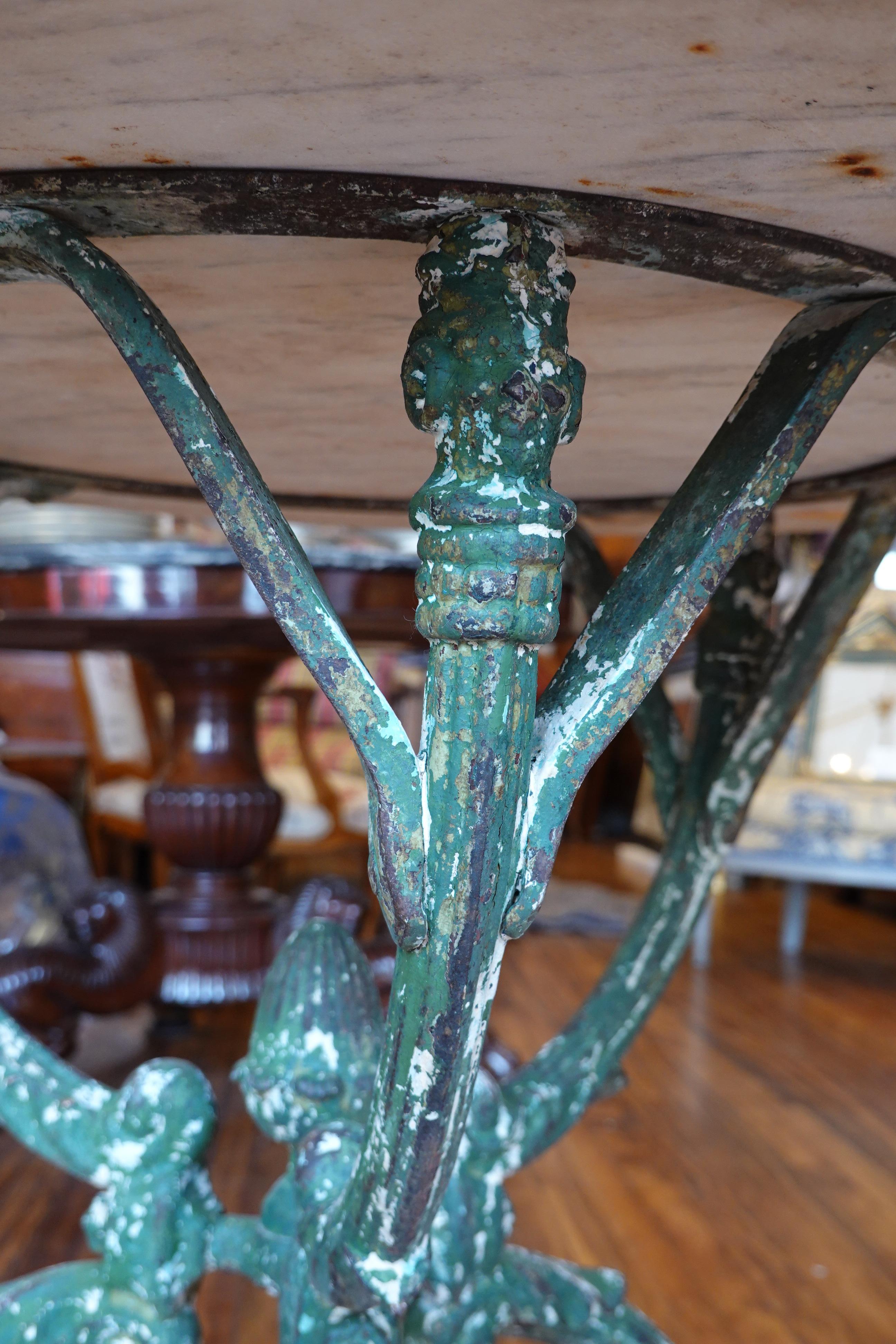 French Cast Iron Garden Table with Marble Top and Decorative Tripod Base 1