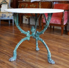 French Cast Iron Garden Table with Marble Top and Decorative Tripod Base
