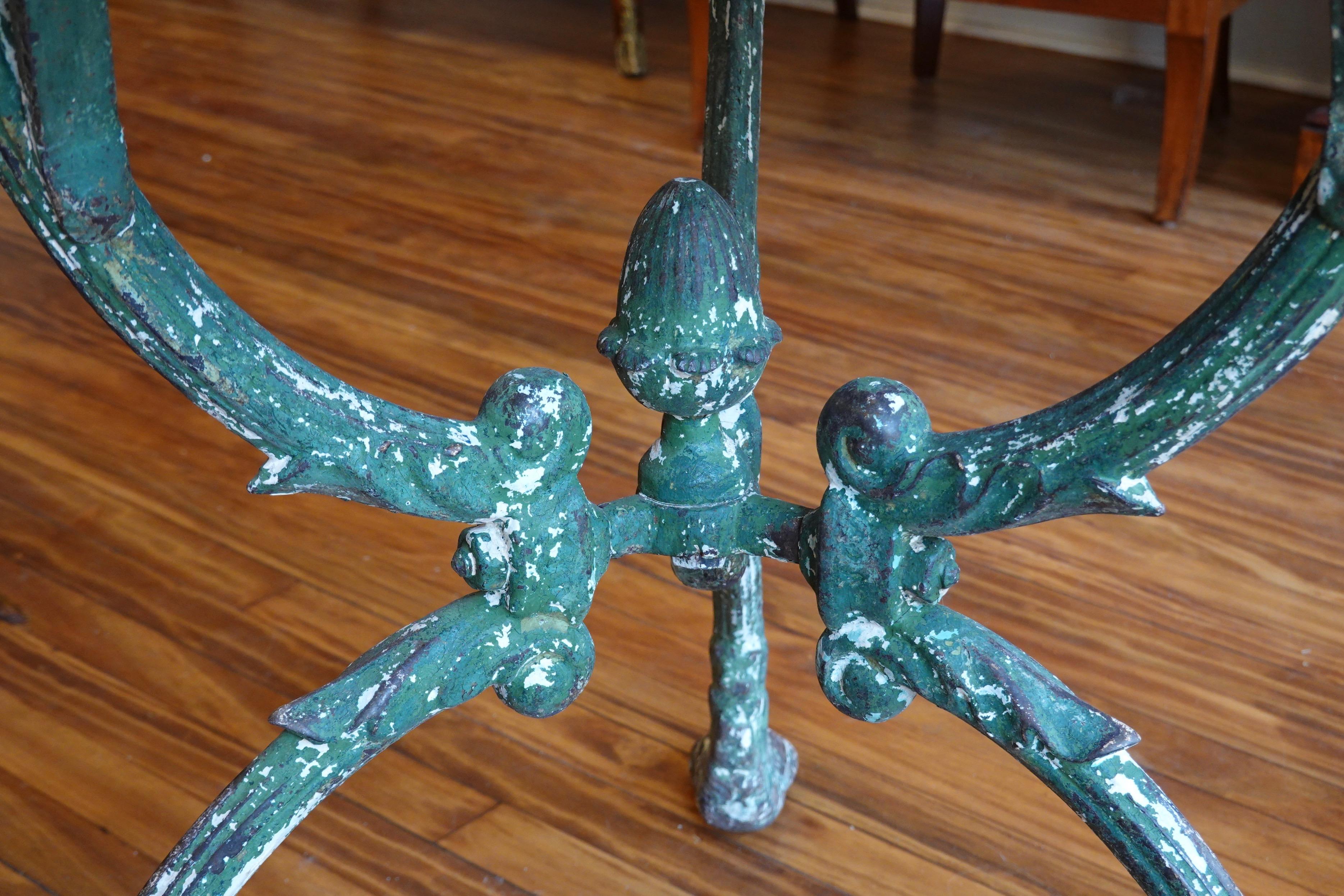 Neoclassical French Cast Iron Garden Table with Marble Top and Decorative Tripod Base