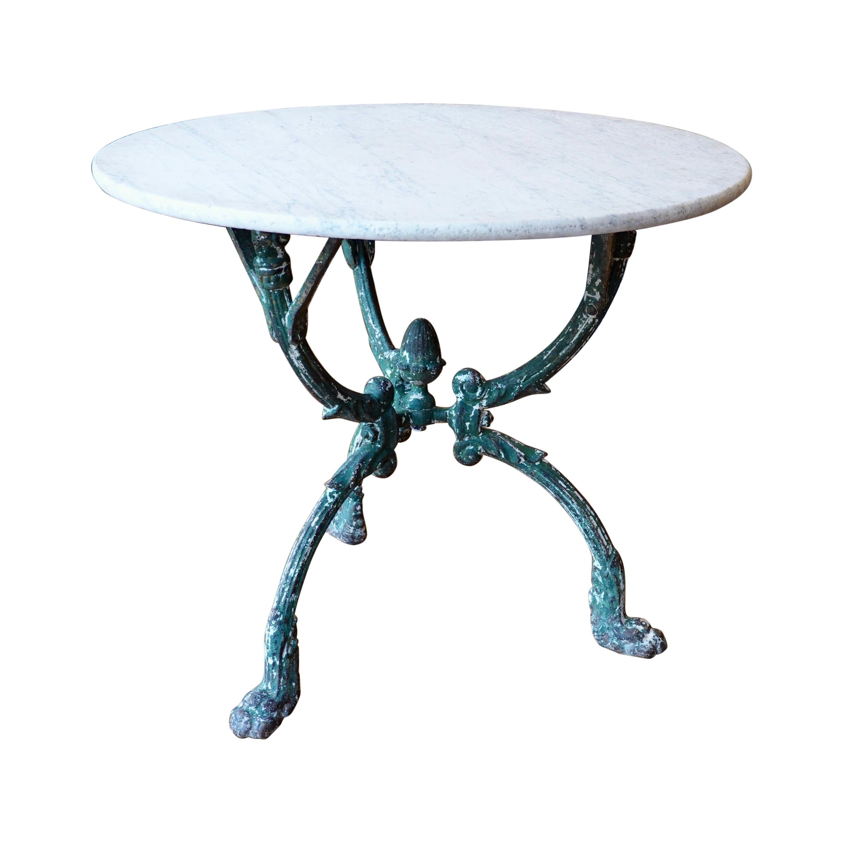 French Cast Iron Garden Table with Marble Top and Decorative Tripod Base