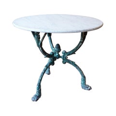 French Cast Iron Garden Table with Marble Top and Decorative Tripod Base