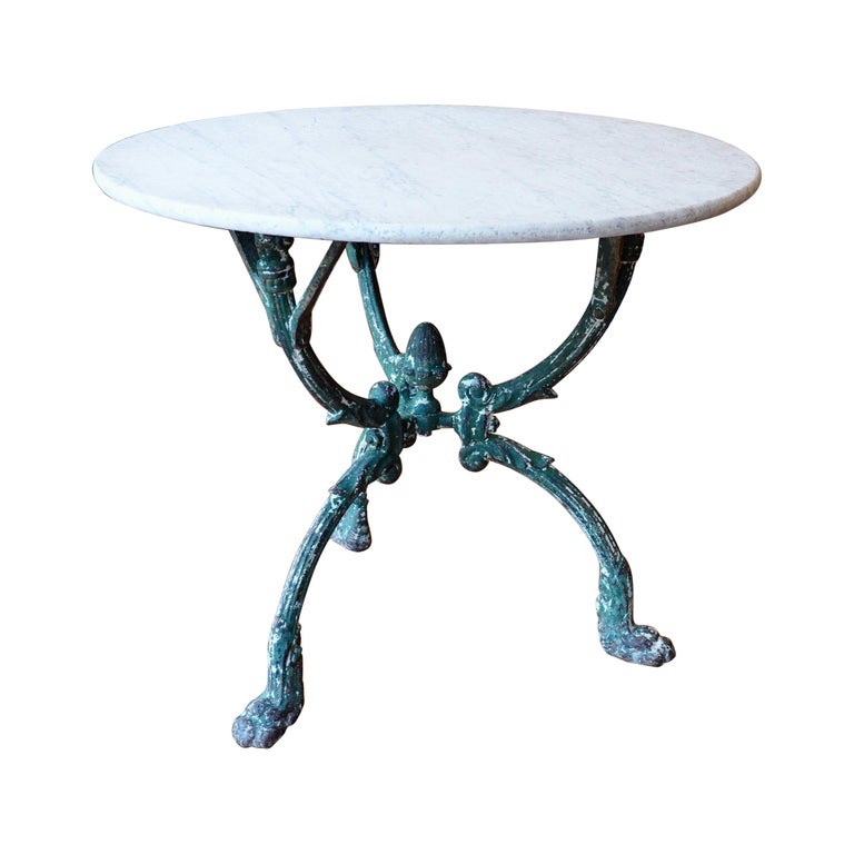 French Cast Iron Garden Table with Marble Top and Decorative Tripod
